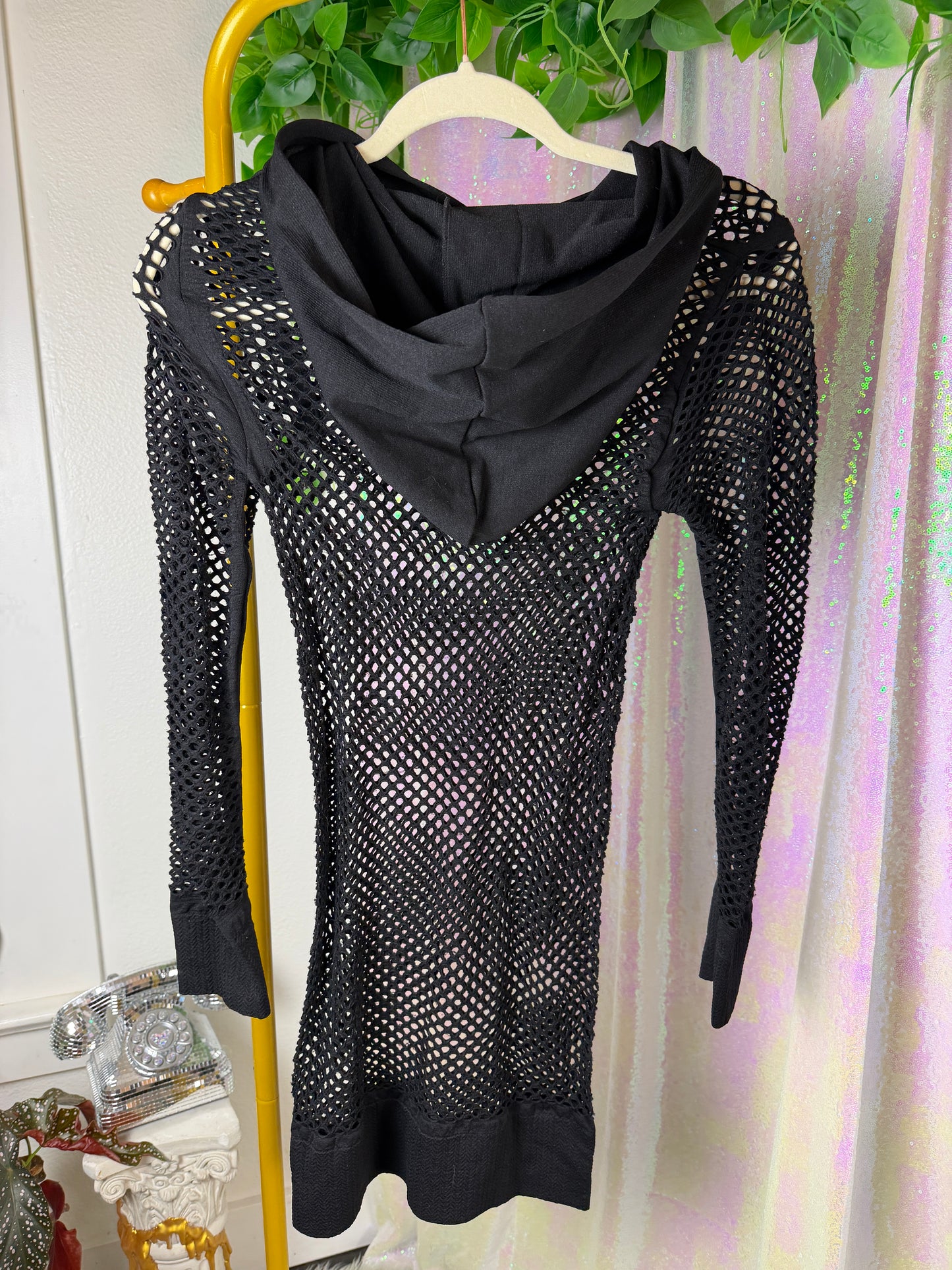 Half-Bag Value Bundle (M) 💖🌈🎶🔮 psychedelic rainbow, black & white trippy swirled rompers, black fishnet dress mesh checkered long sleeve shirt, purple and silver rhinestoned crop top sports bra (factory tagged: M)