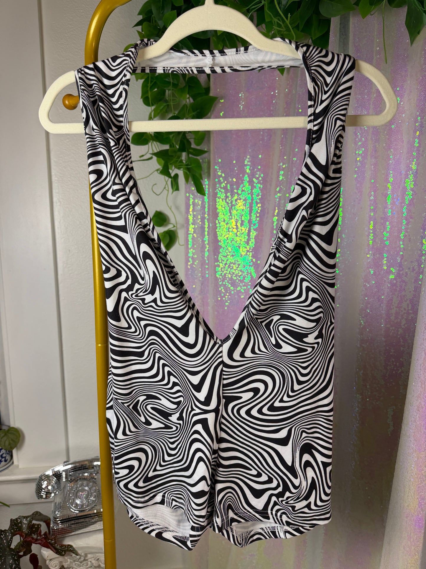 Half-Bag Value Bundle (M) 💖🌈🎶🔮 psychedelic rainbow, black & white trippy swirled rompers, black fishnet dress mesh checkered long sleeve shirt, purple and silver rhinestoned crop top sports bra (factory tagged: M)