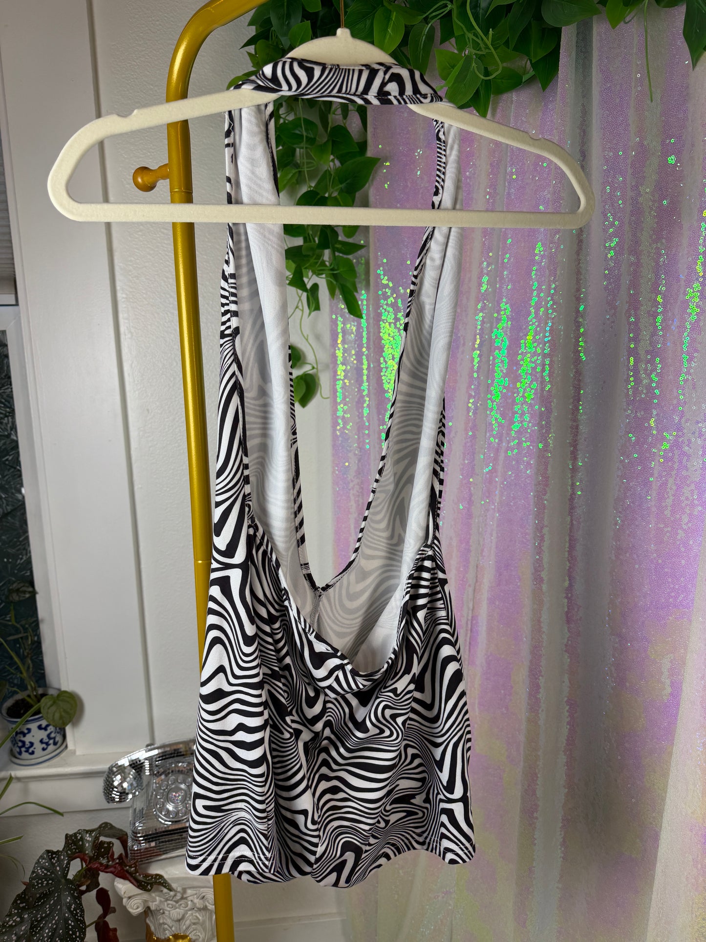 Half-Bag Value Bundle (M) 💖🌈🎶🔮 psychedelic rainbow, black & white trippy swirled rompers, black fishnet dress mesh checkered long sleeve shirt, purple and silver rhinestoned crop top sports bra (factory tagged: M)