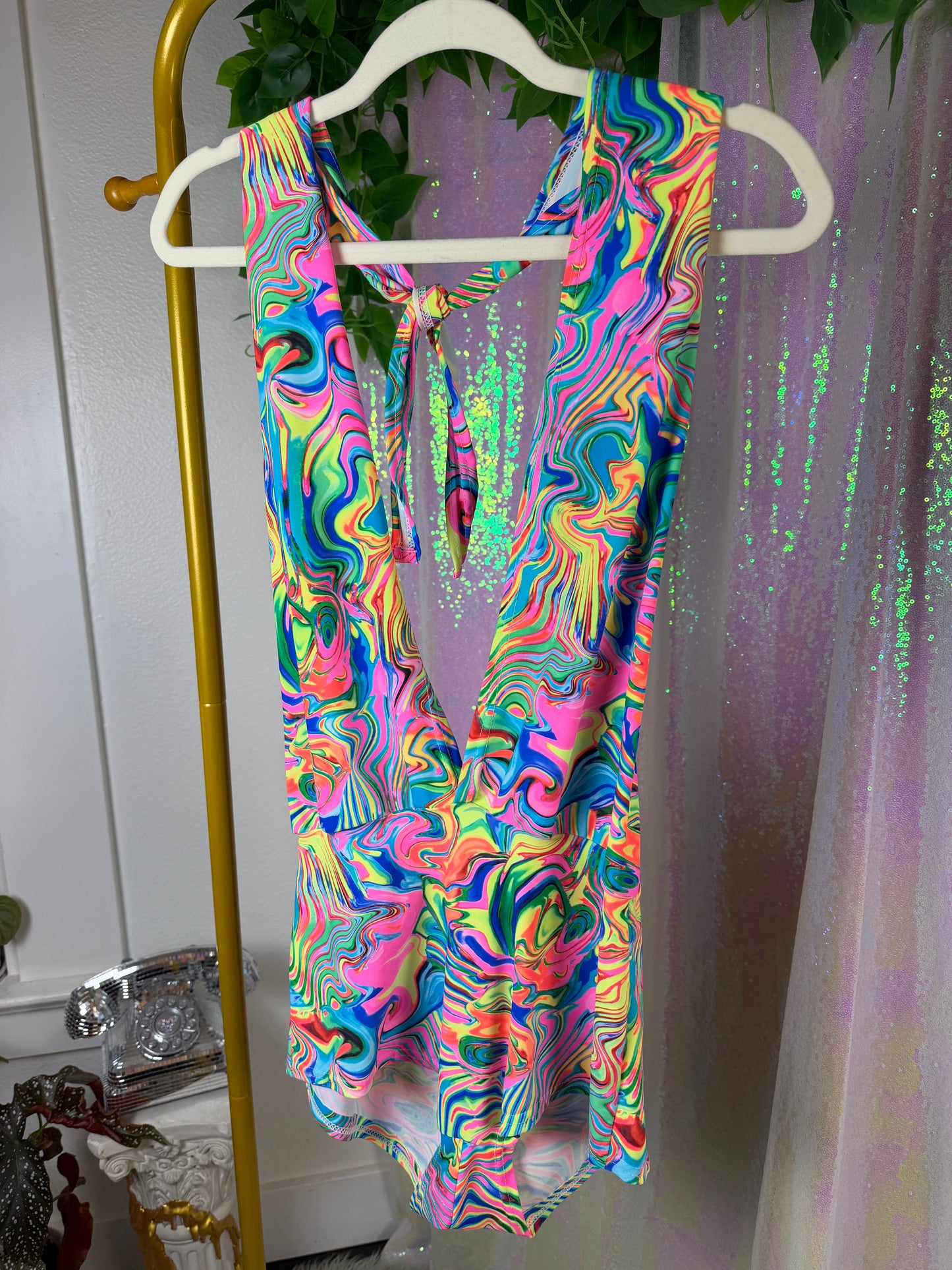 Half-Bag Value Bundle (M) 💖🌈🎶🔮 psychedelic rainbow, black & white trippy swirled rompers, black fishnet dress mesh checkered long sleeve shirt, purple and silver rhinestoned crop top sports bra (factory tagged: M)