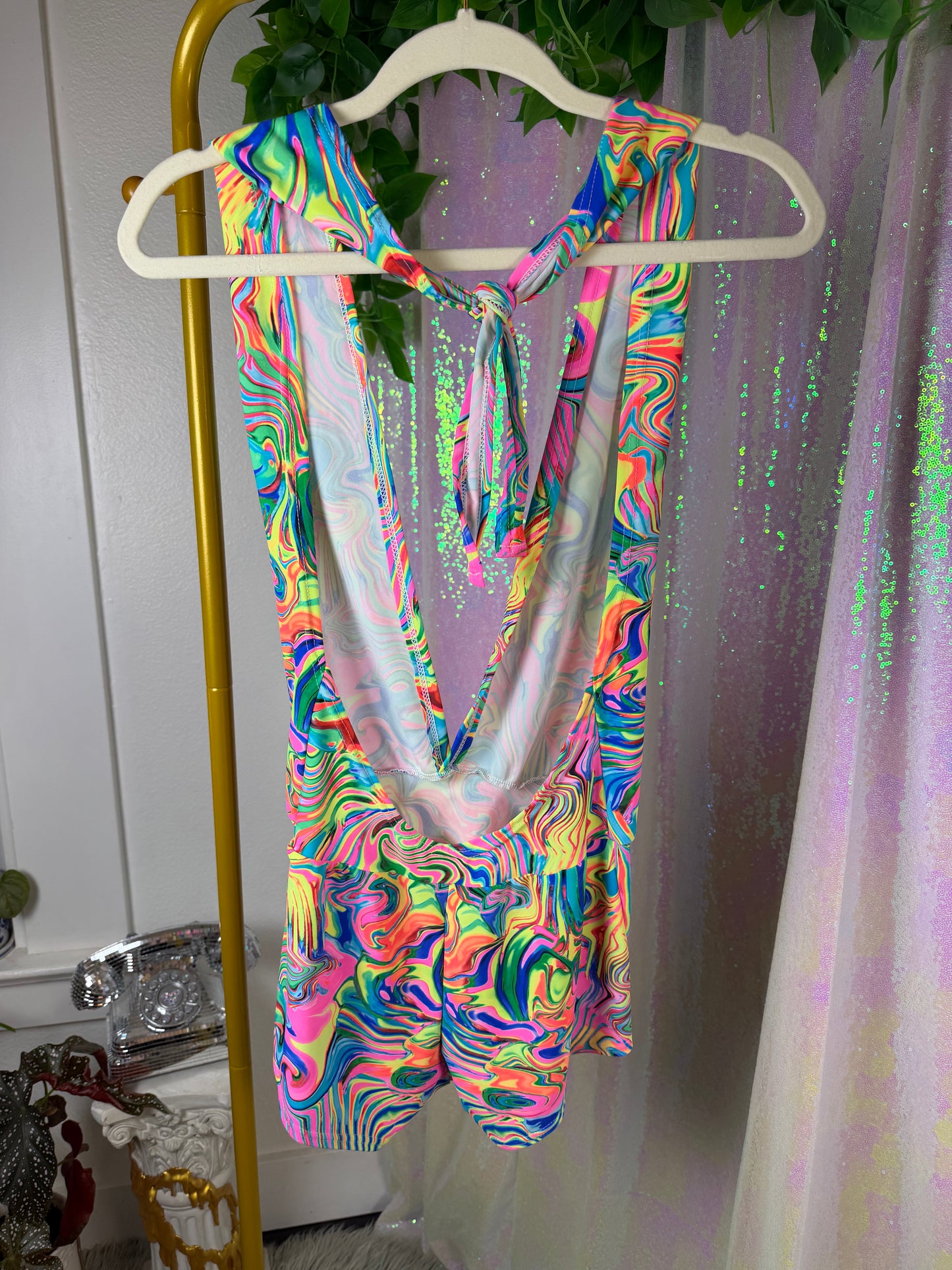 Half-Bag Value Bundle (M) 💖🌈🎶🔮 psychedelic rainbow, black & white trippy swirled rompers, black fishnet dress mesh checkered long sleeve shirt, purple and silver rhinestoned crop top sports bra (factory tagged: M)