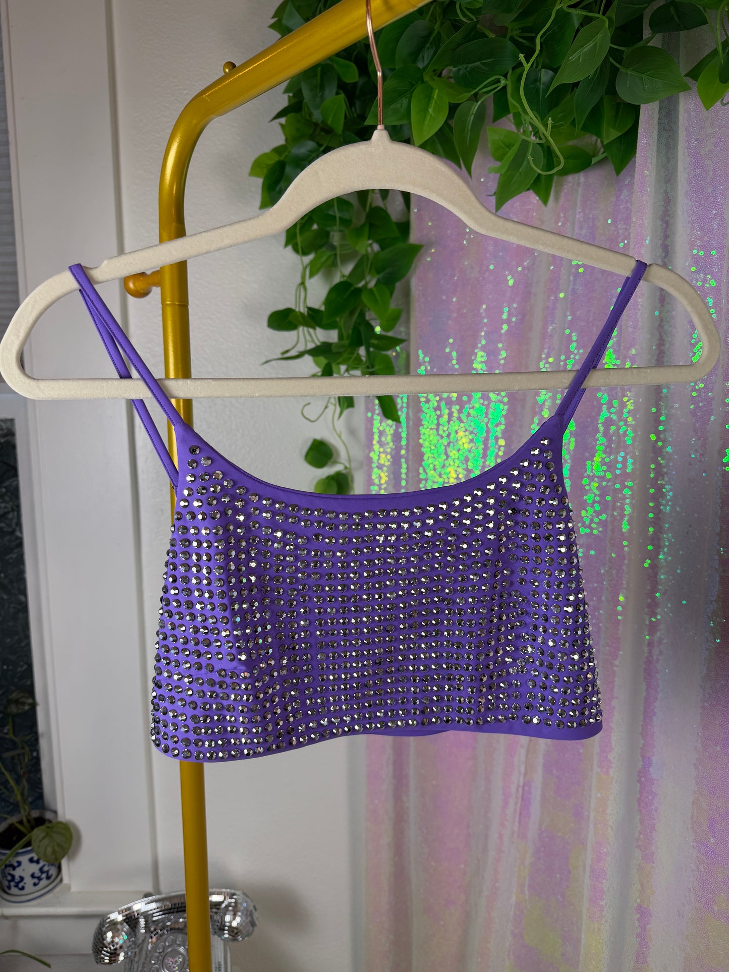 Half-Bag Value Bundle (M) 💖🌈🎶🔮 psychedelic rainbow, black & white trippy swirled rompers, black fishnet dress mesh checkered long sleeve shirt, purple and silver rhinestoned crop top sports bra (factory tagged: M)