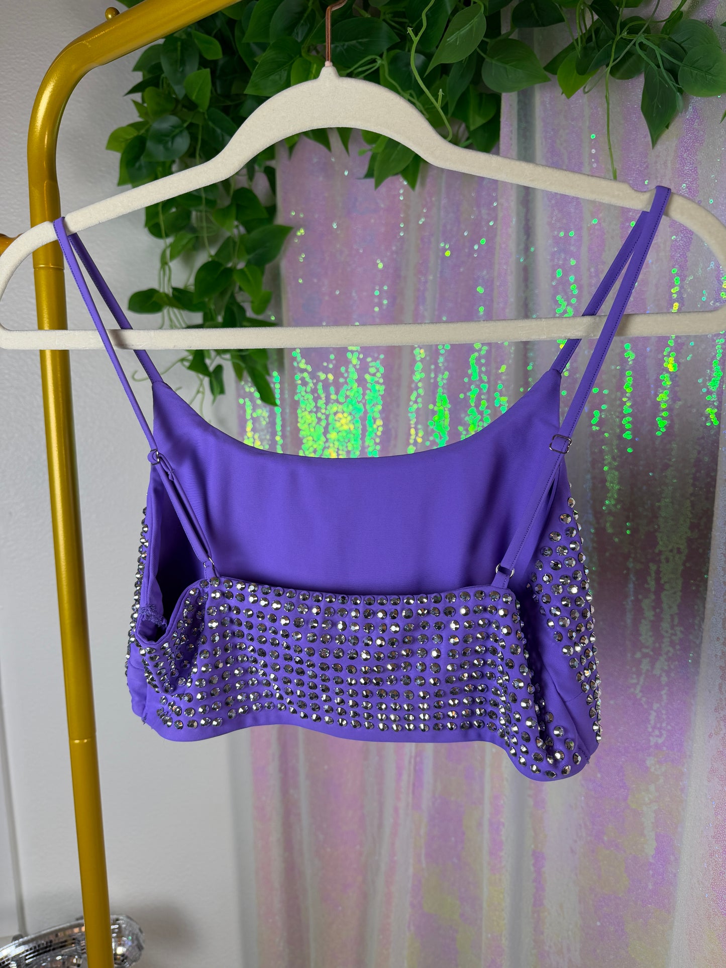 Half-Bag Value Bundle (M) 💖🌈🎶🔮 psychedelic rainbow, black & white trippy swirled rompers, black fishnet dress mesh checkered long sleeve shirt, purple and silver rhinestoned crop top sports bra (factory tagged: M)