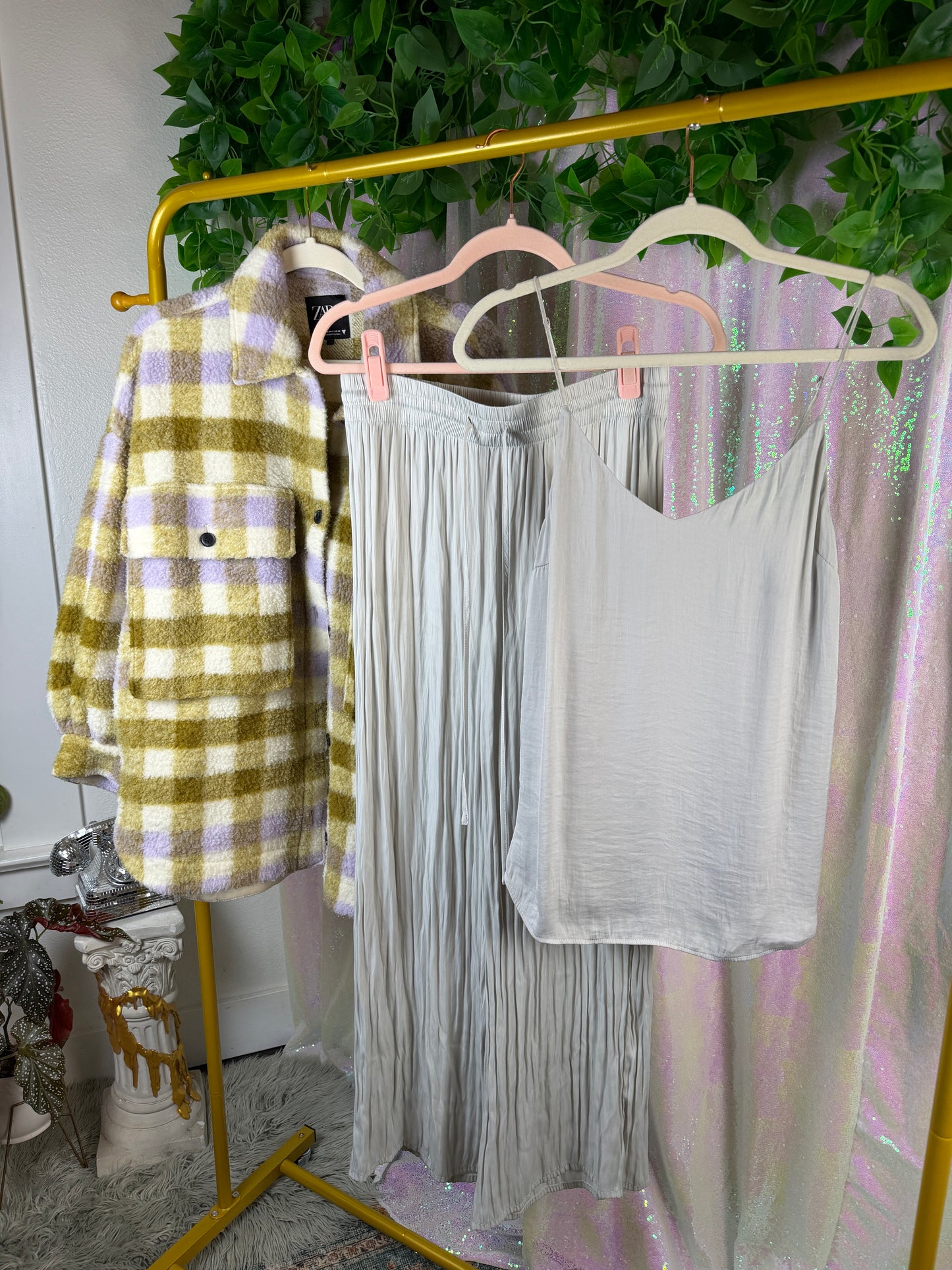 Full-Bag Value Bundle (M) 🩶🕊️🐌🌿 morning mist drinking tea and reading a book comfy girlie white silvery satin silky PJ set and plaid cream, purple, and green sherpa coat (factory tagged: M & L)