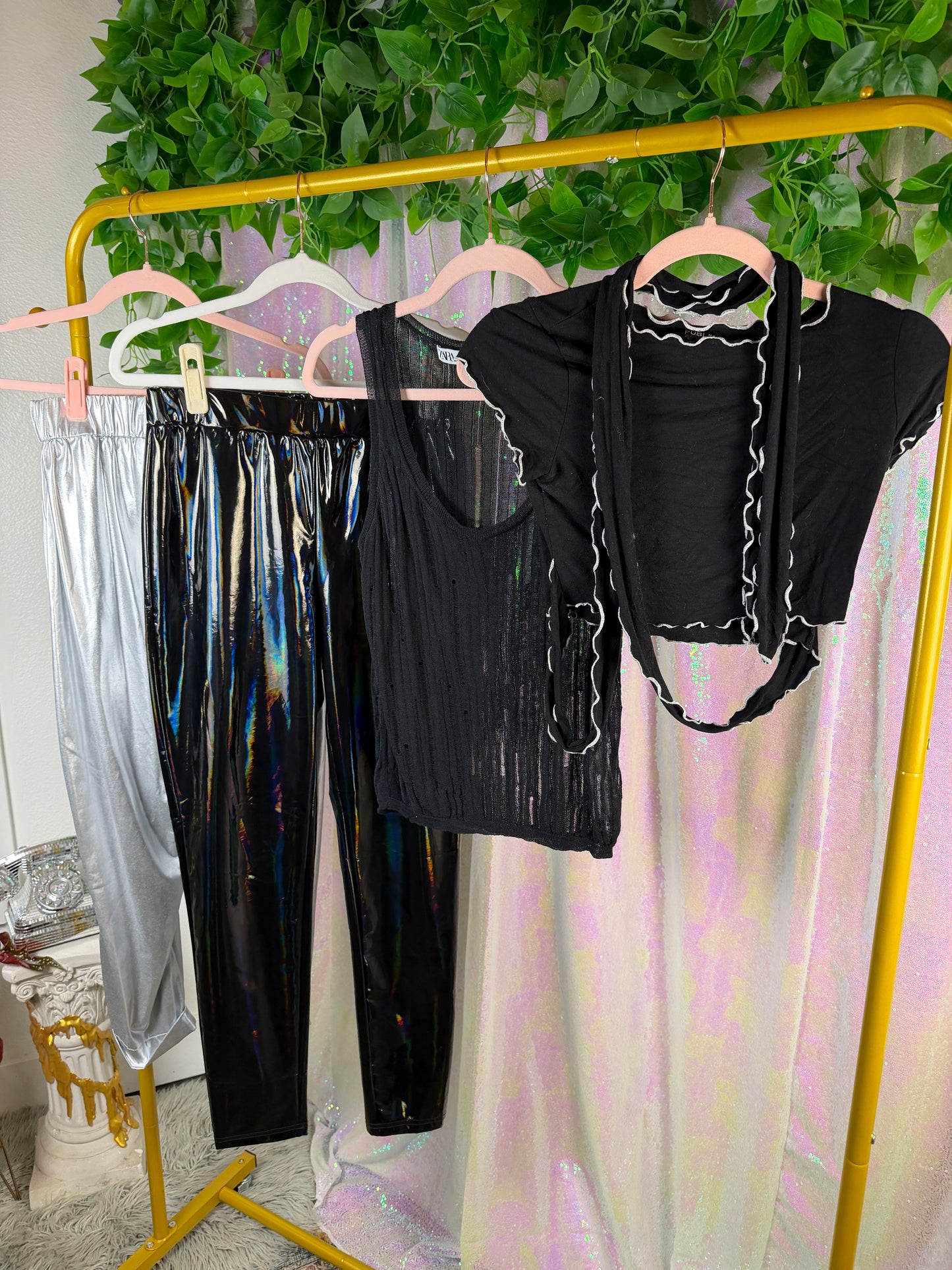 Half-Bag Value Bundle (S) 🖤🪩🕷️💿 cyber punk techno baddie galactic chrome black metallic holographic silver faux leather stretch pants and black crop top (factory tagged: S & M)