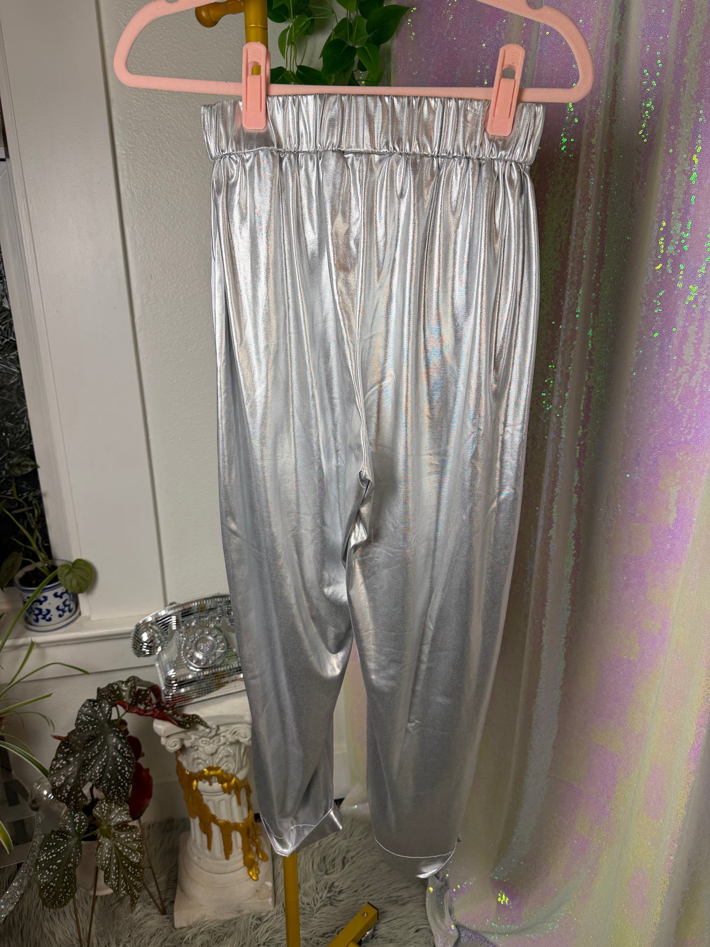 Half-Bag Value Bundle (S) 🖤🪩🕷️💿 cyber punk techno baddie galactic chrome black metallic holographic silver faux leather stretch pants and black crop top (factory tagged: S & M)