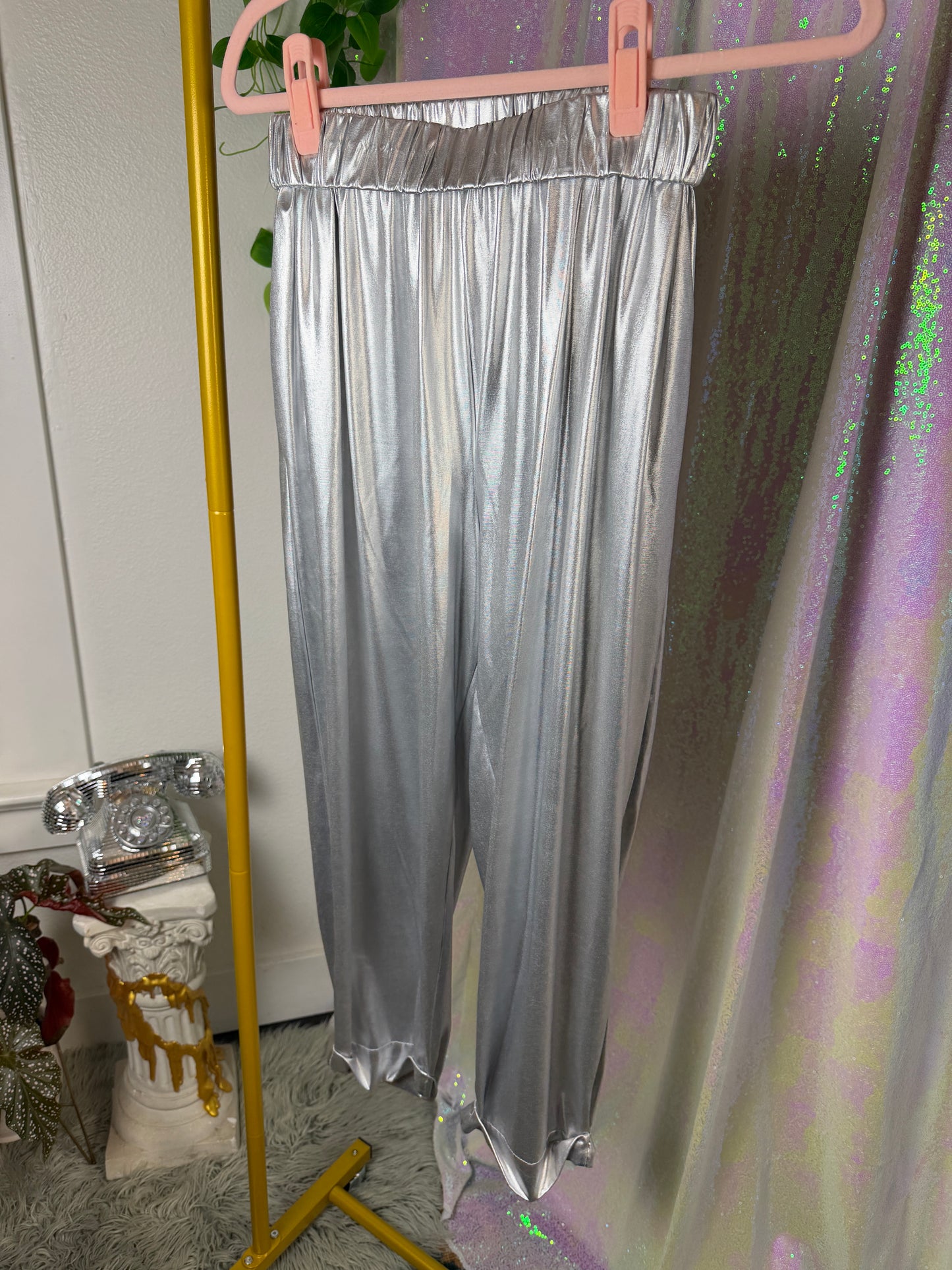 Half-Bag Value Bundle (S) 🖤🪩🕷️💿 cyber punk techno baddie galactic chrome black metallic holographic silver faux leather stretch pants and black crop top (factory tagged: S & M)