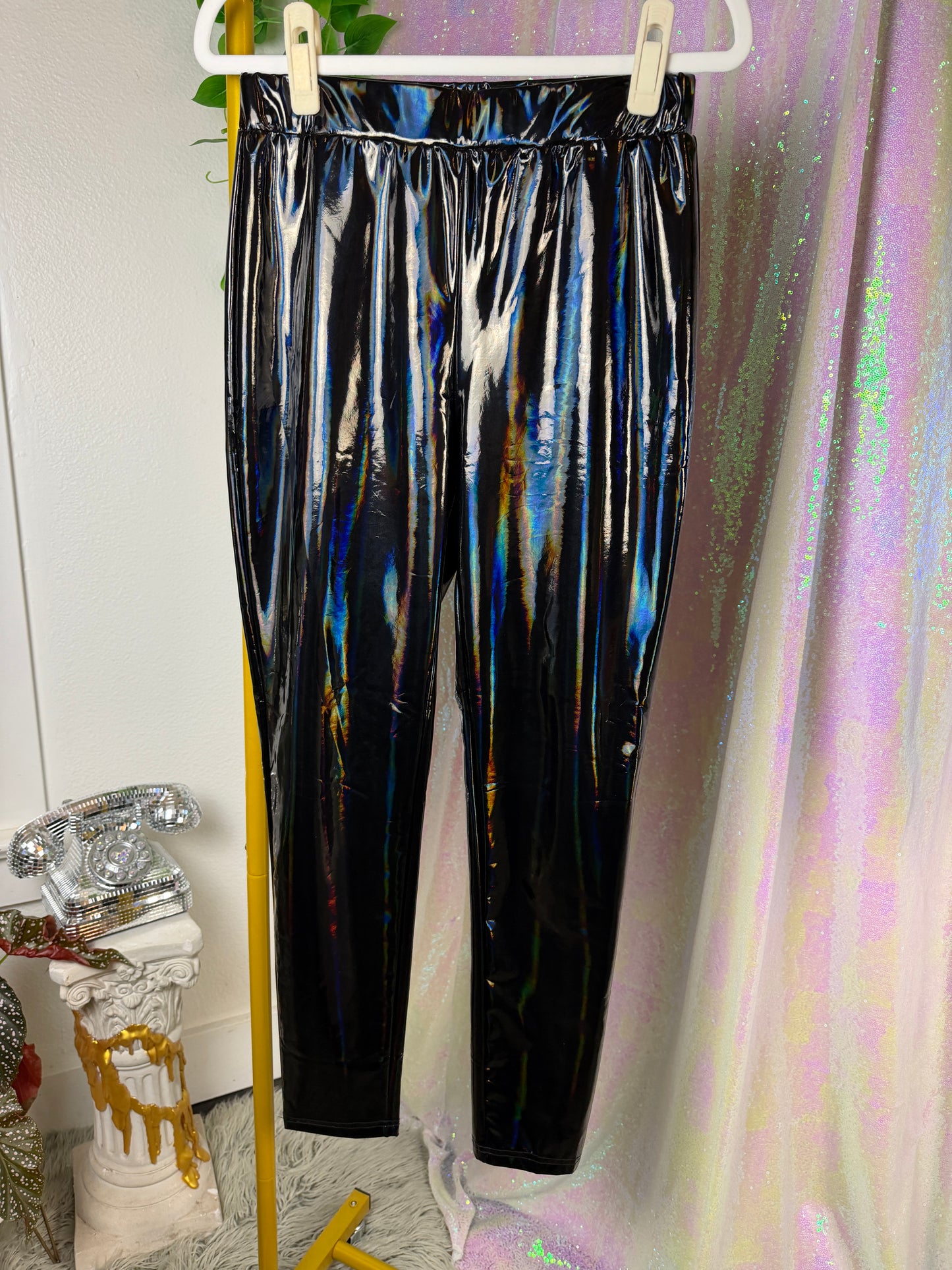 Half-Bag Value Bundle (S) 🖤🪩🕷️💿 cyber punk techno baddie galactic chrome black metallic holographic silver faux leather stretch pants and black crop top (factory tagged: S & M)