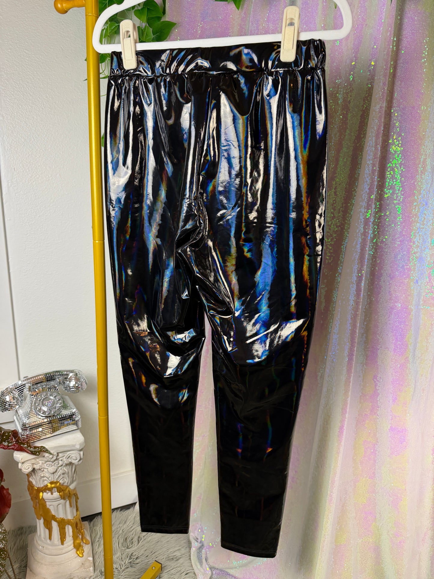 Half-Bag Value Bundle (S) 🖤🪩🕷️💿 cyber punk techno baddie galactic chrome black metallic holographic silver faux leather stretch pants and black crop top (factory tagged: S & M)