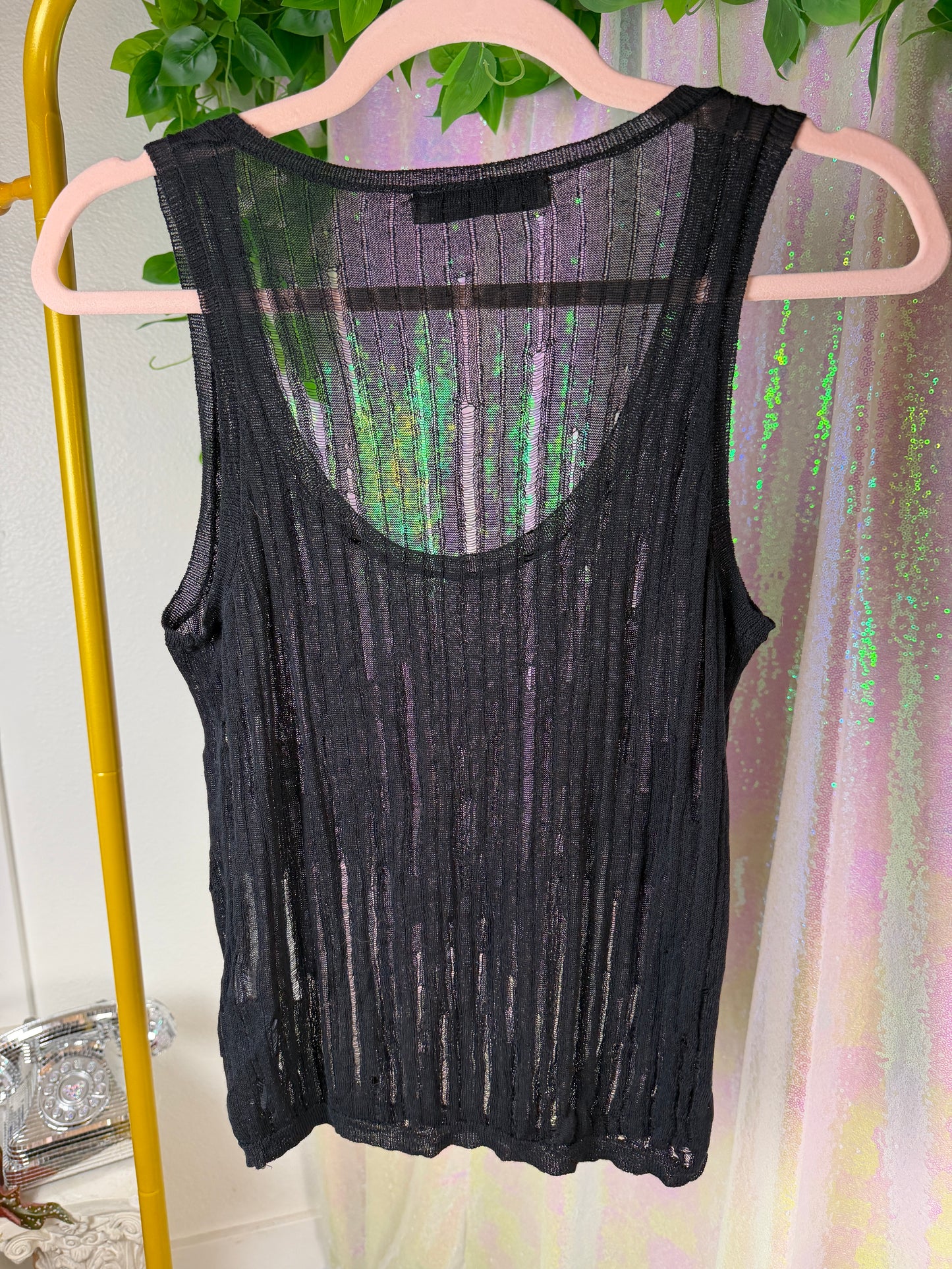 Half-Bag Value Bundle (S) 🖤🪩🕷️💿 cyber punk techno baddie galactic chrome black metallic holographic silver faux leather stretch pants and black crop top (factory tagged: S & M)