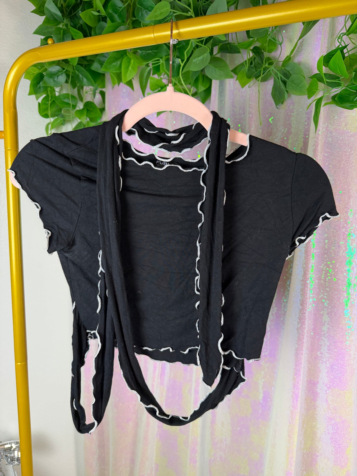 Half-Bag Value Bundle (S) 🖤🪩🕷️💿 cyber punk techno baddie galactic chrome black metallic holographic silver faux leather stretch pants and black crop top (factory tagged: S & M)