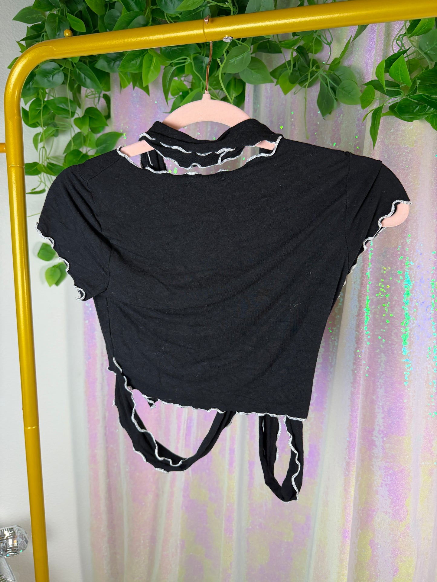 Half-Bag Value Bundle (S) 🖤🪩🕷️💿 cyber punk techno baddie galactic chrome black metallic holographic silver faux leather stretch pants and black crop top (factory tagged: S & M)