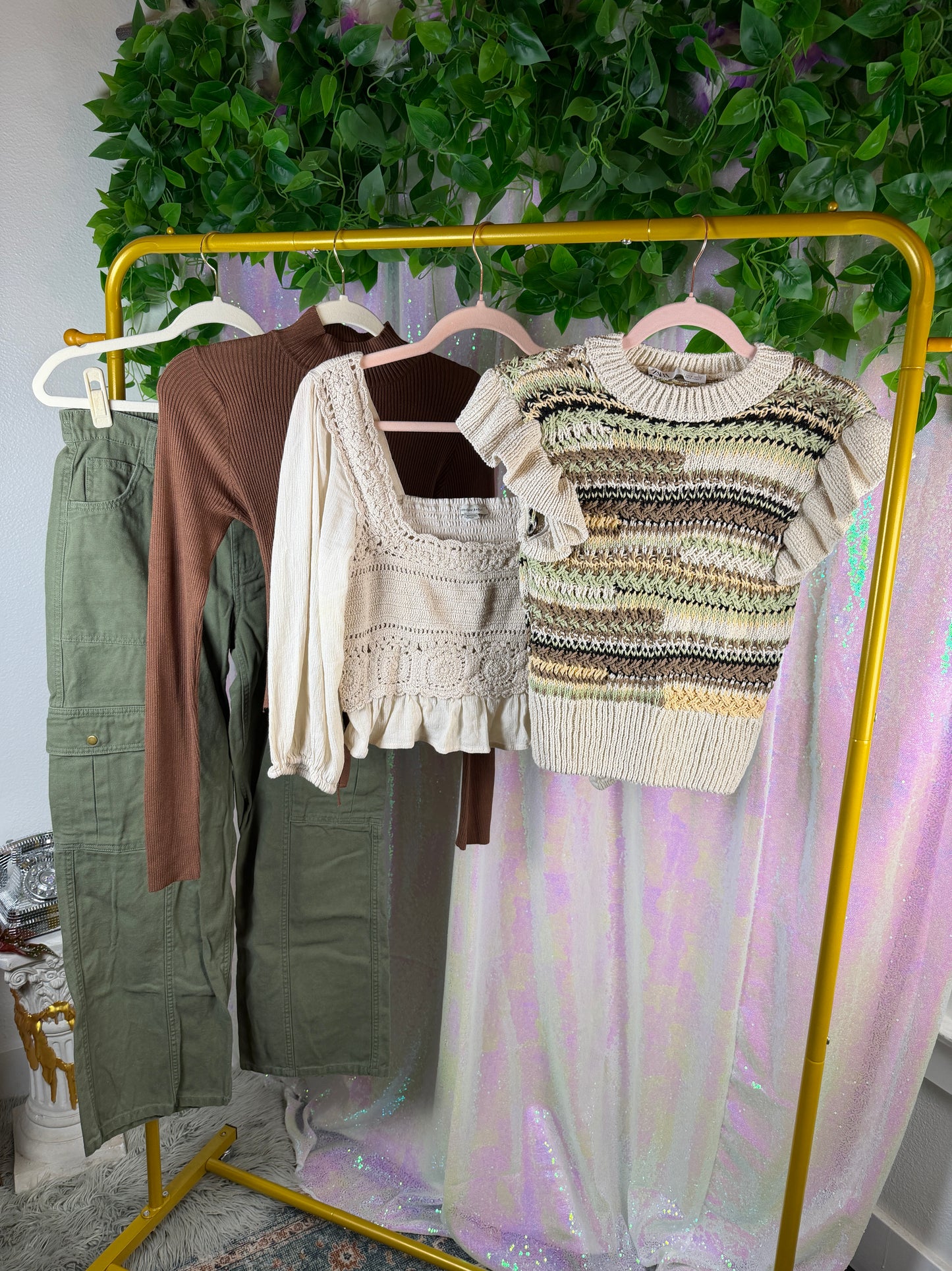 Full-Bag Value Bundle (M) 🌿🍯☕🍂 earthy fairy bard cottagecore studious milk maiden brown, cream knit crochet draw string crop tops and green cargo pants (factory tagged: 6, M, S)