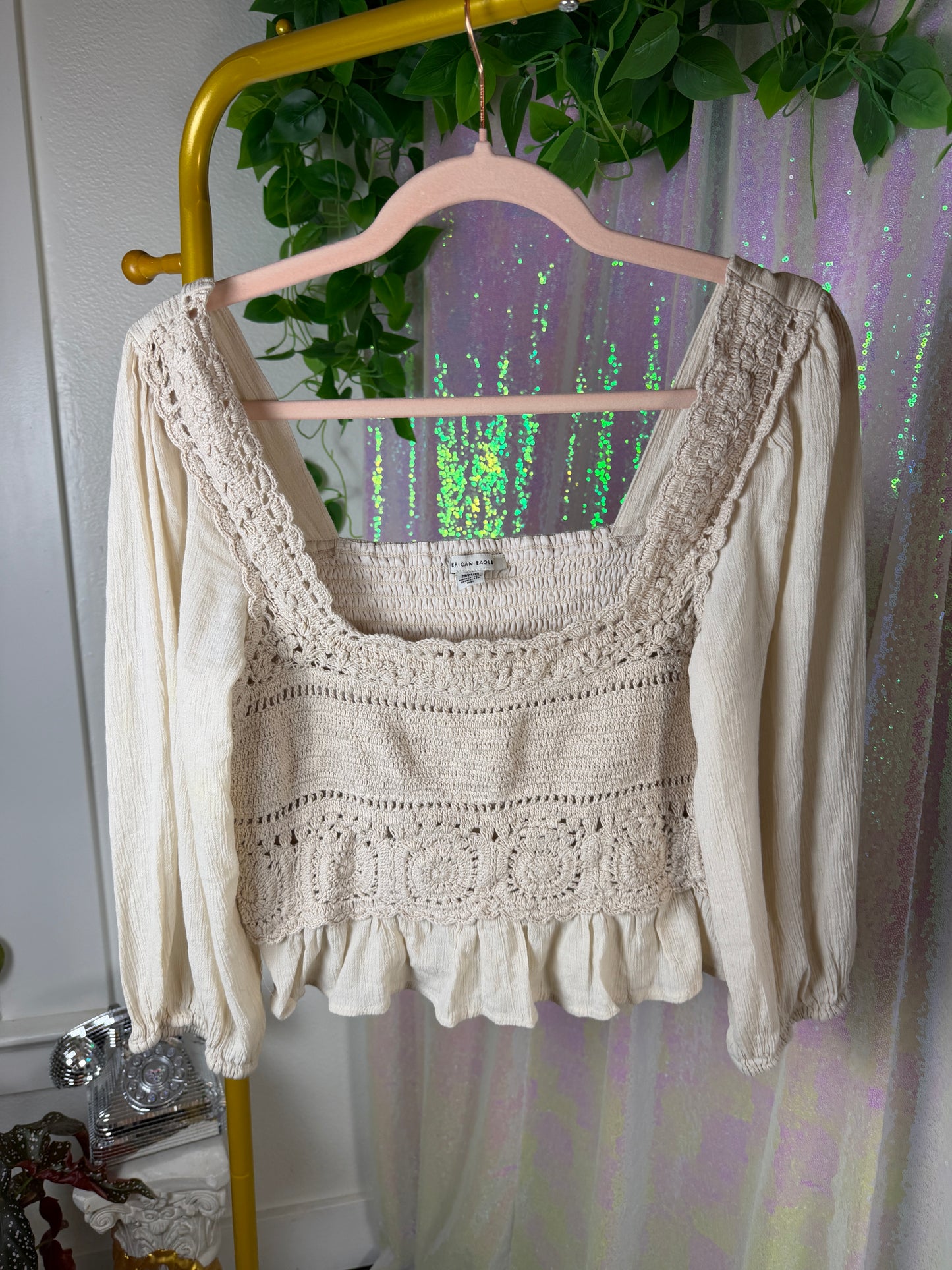 Full-Bag Value Bundle (M) 🌿🍯☕🍂 earthy fairy bard cottagecore studious milk maiden brown, cream knit crochet draw string crop tops and green cargo pants (factory tagged: 6, M, S)