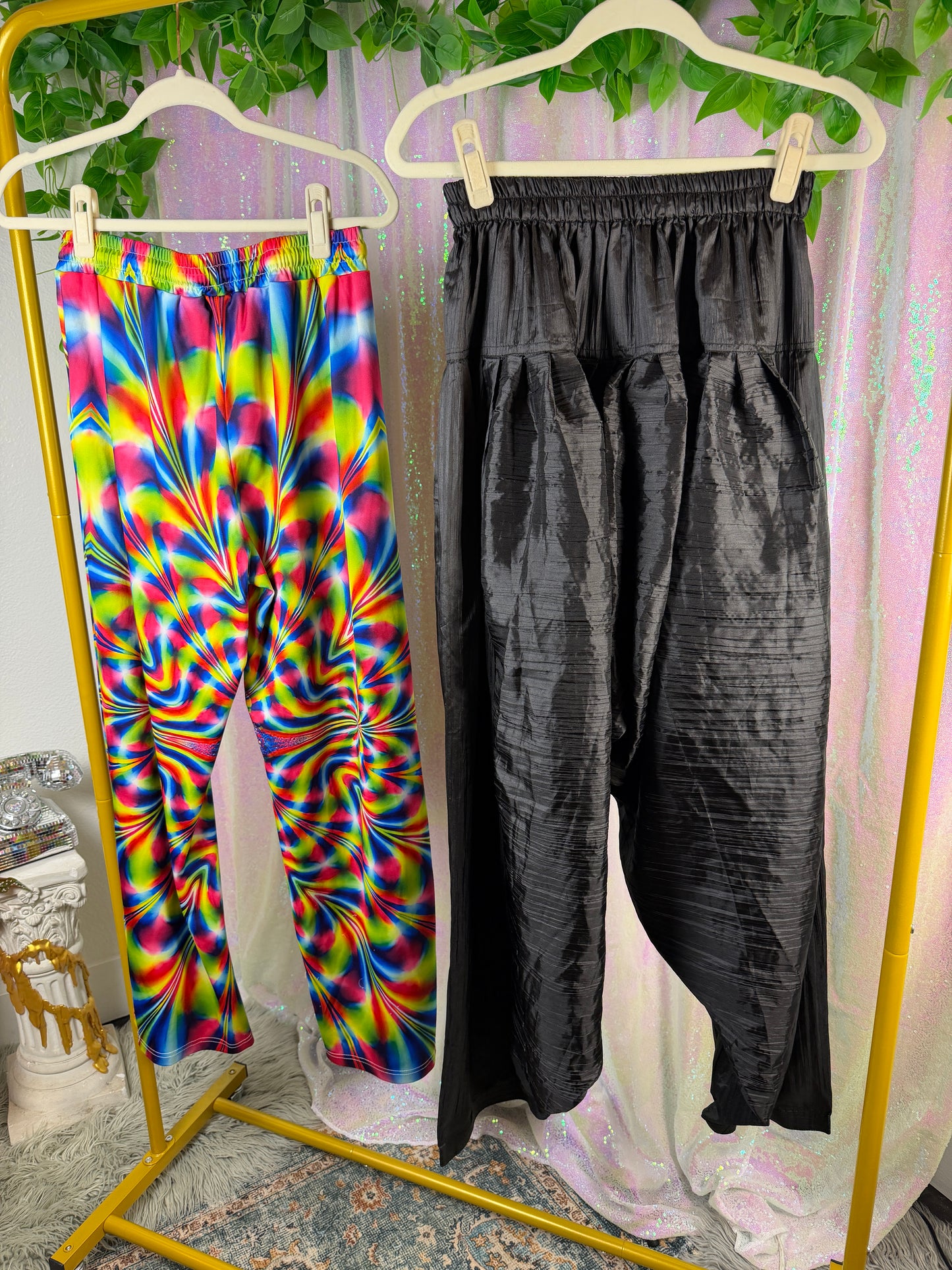Half-Bag Value Bundle (M) 🌈🖤🪩🔥 psychedelic swirl flow compfy funky rave ready rainbow acid trip athletic dance pants and black parachute harem swish pants (factory tagged: M)
