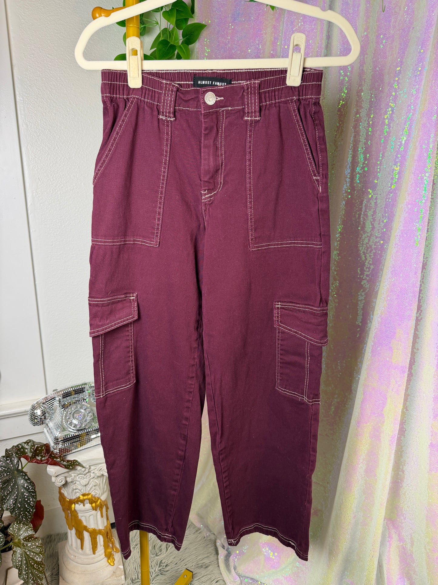 Full-Bag Value Bundle (M) 🌿🐆🌫️🍒 steamy jungle explorer brown and black cheetah print, gray rhinestoned cross t-shirt, green athletic long sleeve crop top, acid swirl gray and white t shirt, berry burgundy cargo pants (factory tagged: M)