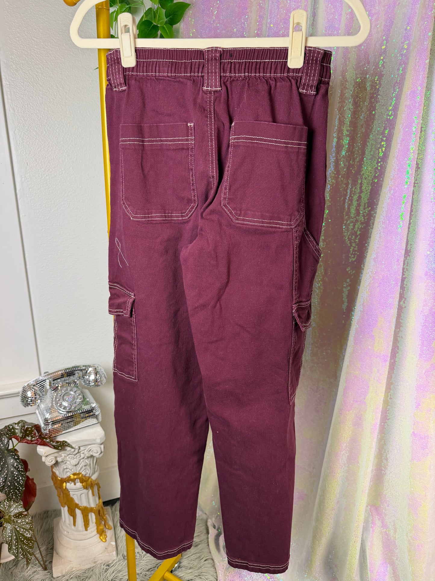 Full-Bag Value Bundle (M) 🌿🐆🌫️🍒 steamy jungle explorer brown and black cheetah print, gray rhinestoned cross t-shirt, green athletic long sleeve crop top, acid swirl gray and white t shirt, berry burgundy cargo pants (factory tagged: M)