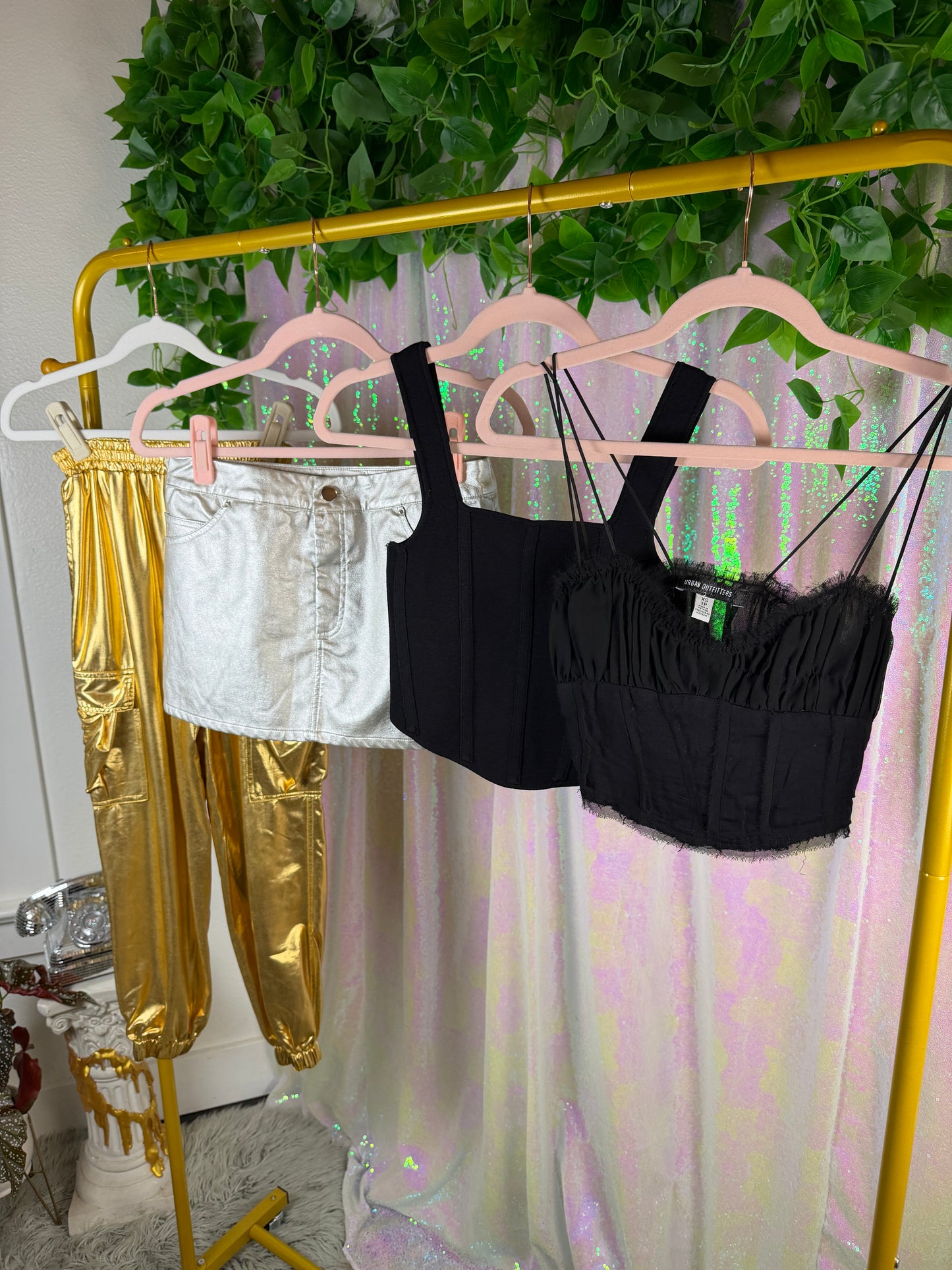 Half-Bag Value Bundle (S) ✨🪩⚡💫 chrome siren raver silver & gold metallic pants and skirt and black tank top crop tops (factory tagged: XS &S)