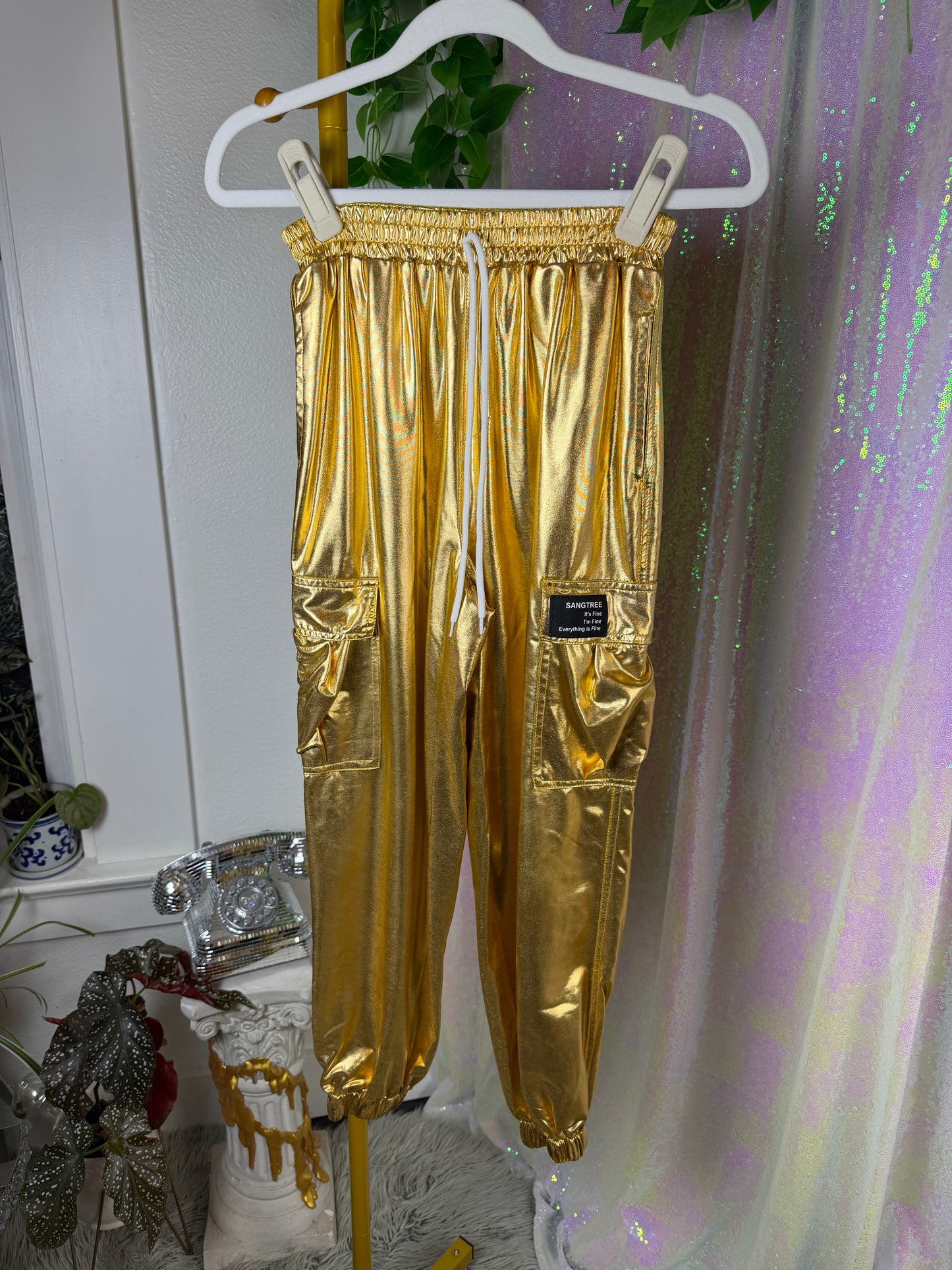 Half-Bag Value Bundle (S) ✨🪩⚡💫 chrome siren raver silver & gold metallic pants and skirt and black tank top crop tops (factory tagged: XS &S)