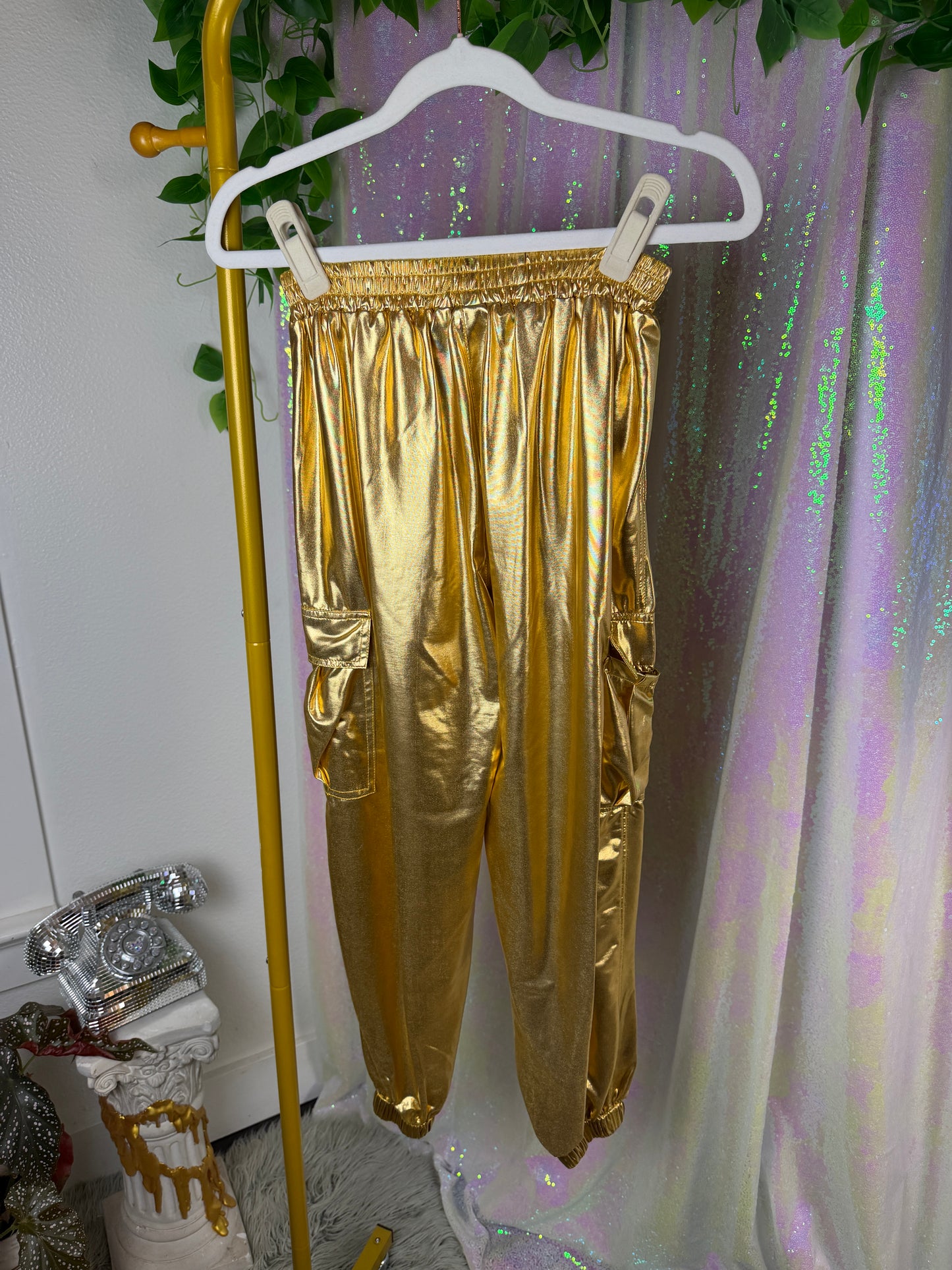 Half-Bag Value Bundle (S) ✨🪩⚡💫 chrome siren raver silver & gold metallic pants and skirt and black tank top crop tops (factory tagged: XS &S)