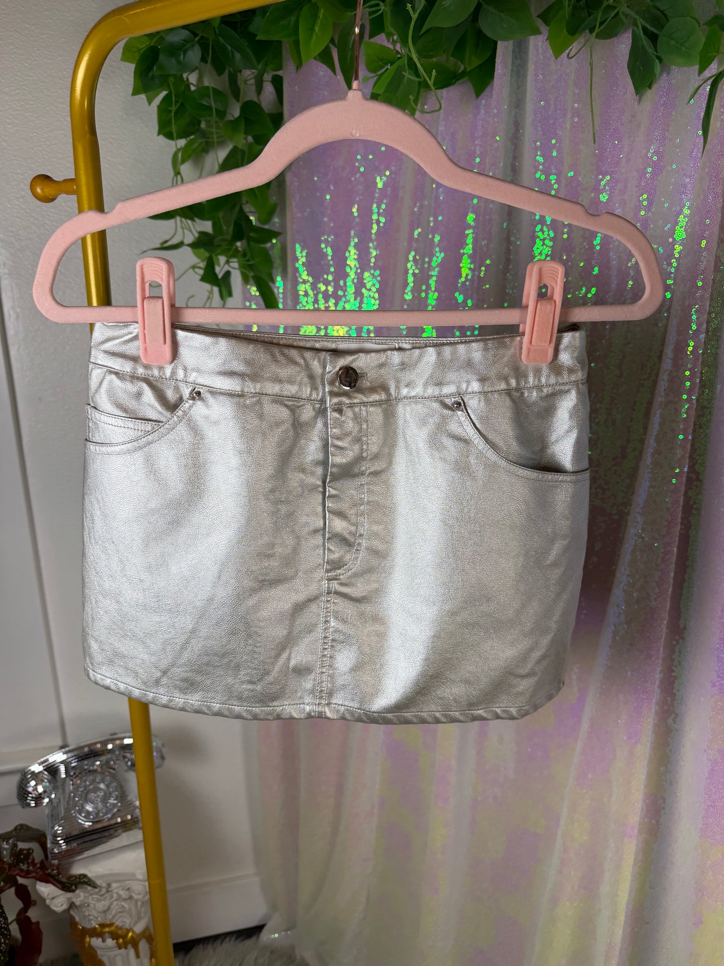 Half-Bag Value Bundle (S) ✨🪩⚡💫 chrome siren raver silver & gold metallic pants and skirt and black tank top crop tops (factory tagged: XS &S)