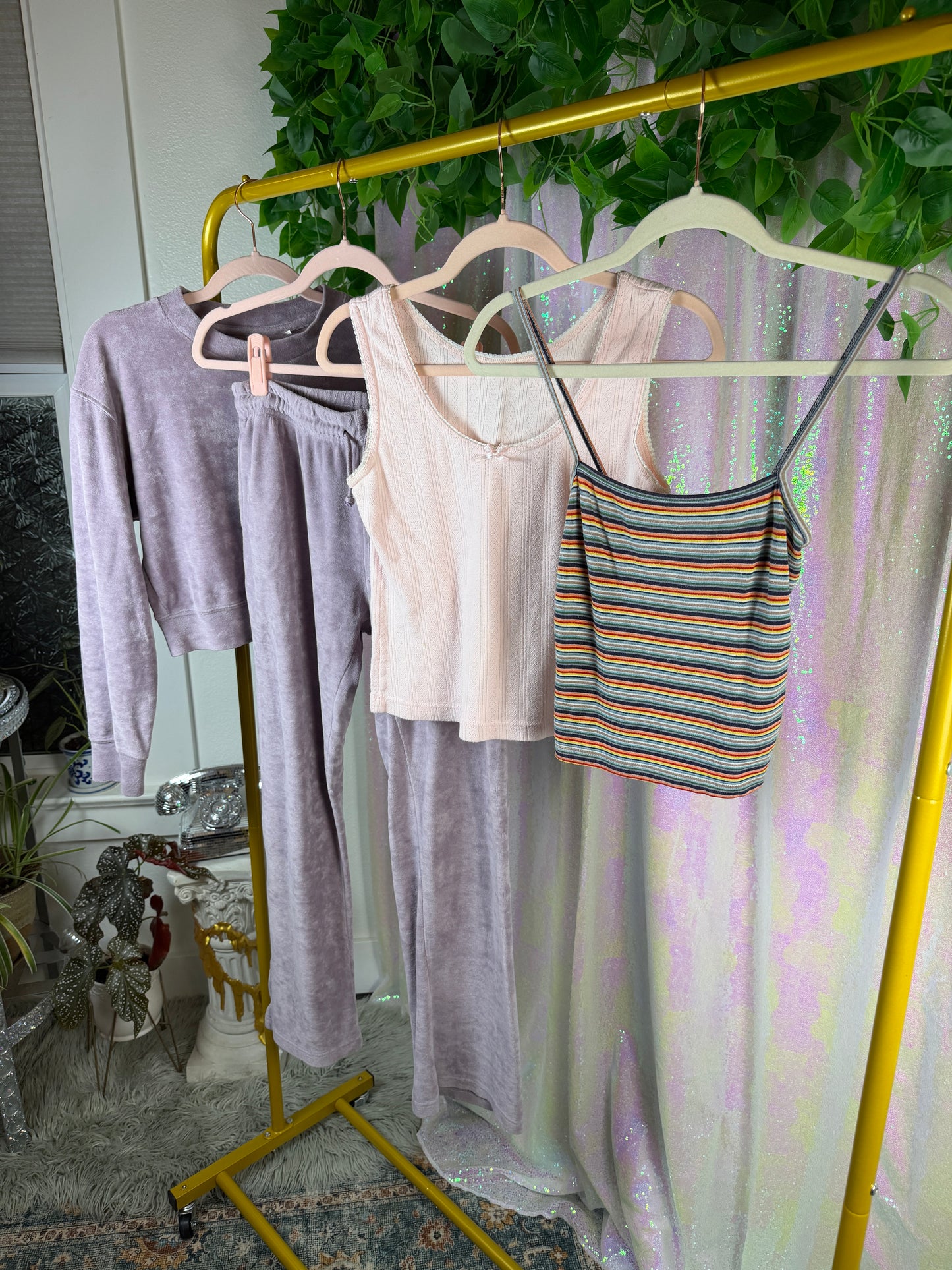 Full-Bag Value Bundle (S) 💜☁️🫧🌸 lavendar haze comfy cozy camper fluffy cloud faux velvet almost terry cloth lilac fleece PJ lounge set, pink ribbed tank top, rainbow striped tank crop top (factory tagged: S & S/M)