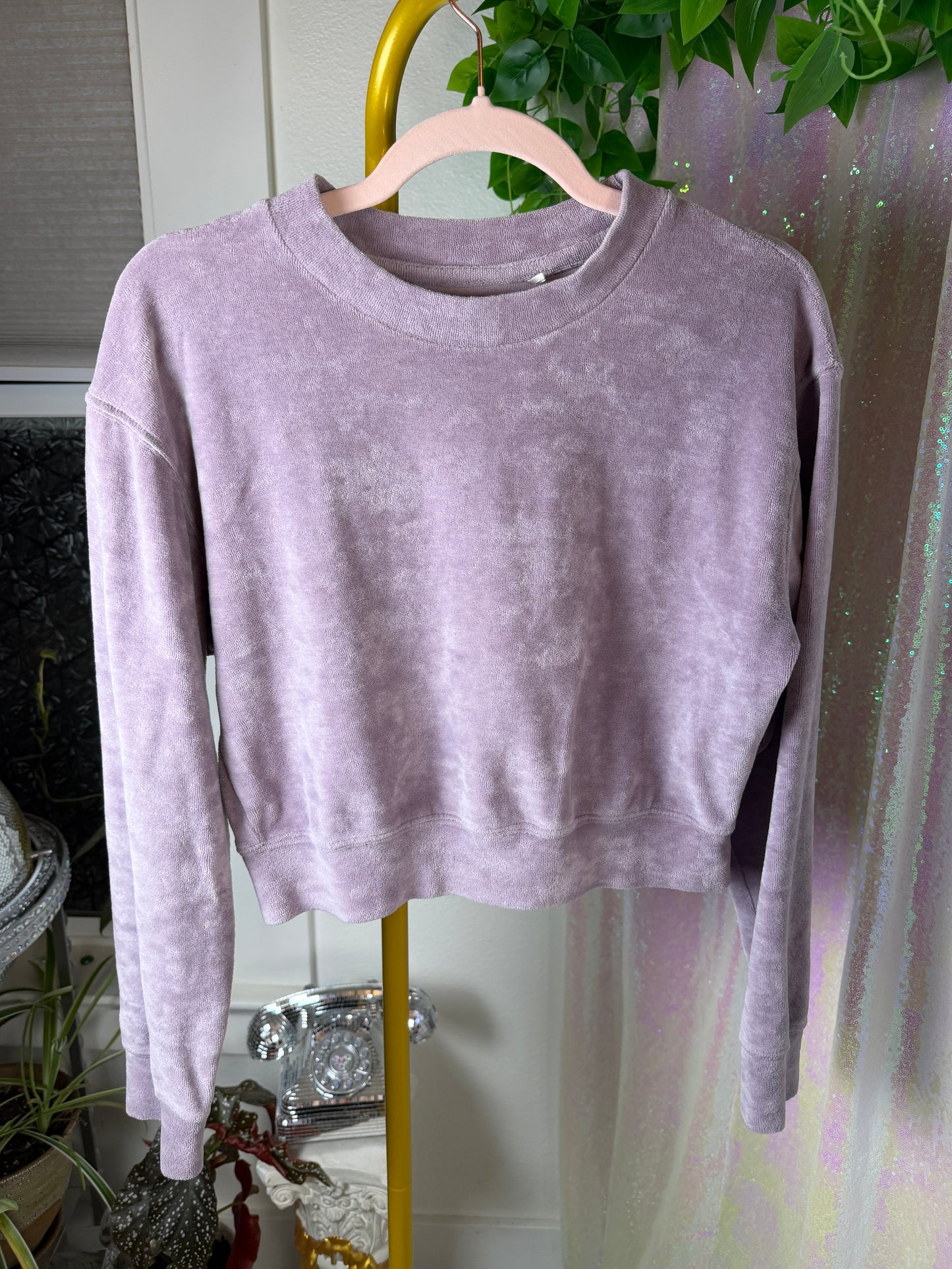 Full-Bag Value Bundle (S) 💜☁️🫧🌸 lavendar haze comfy cozy camper fluffy cloud faux velvet almost terry cloth lilac fleece PJ lounge set, pink ribbed tank top, rainbow striped tank crop top (factory tagged: S & S/M)