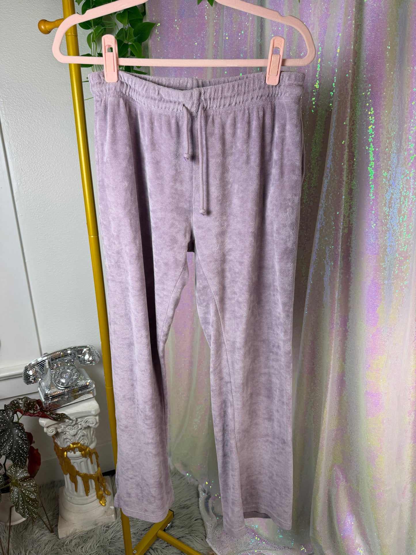 Full-Bag Value Bundle (S) 💜☁️🫧🌸 lavendar haze comfy cozy camper fluffy cloud faux velvet almost terry cloth lilac fleece PJ lounge set, pink ribbed tank top, rainbow striped tank crop top (factory tagged: S & S/M)