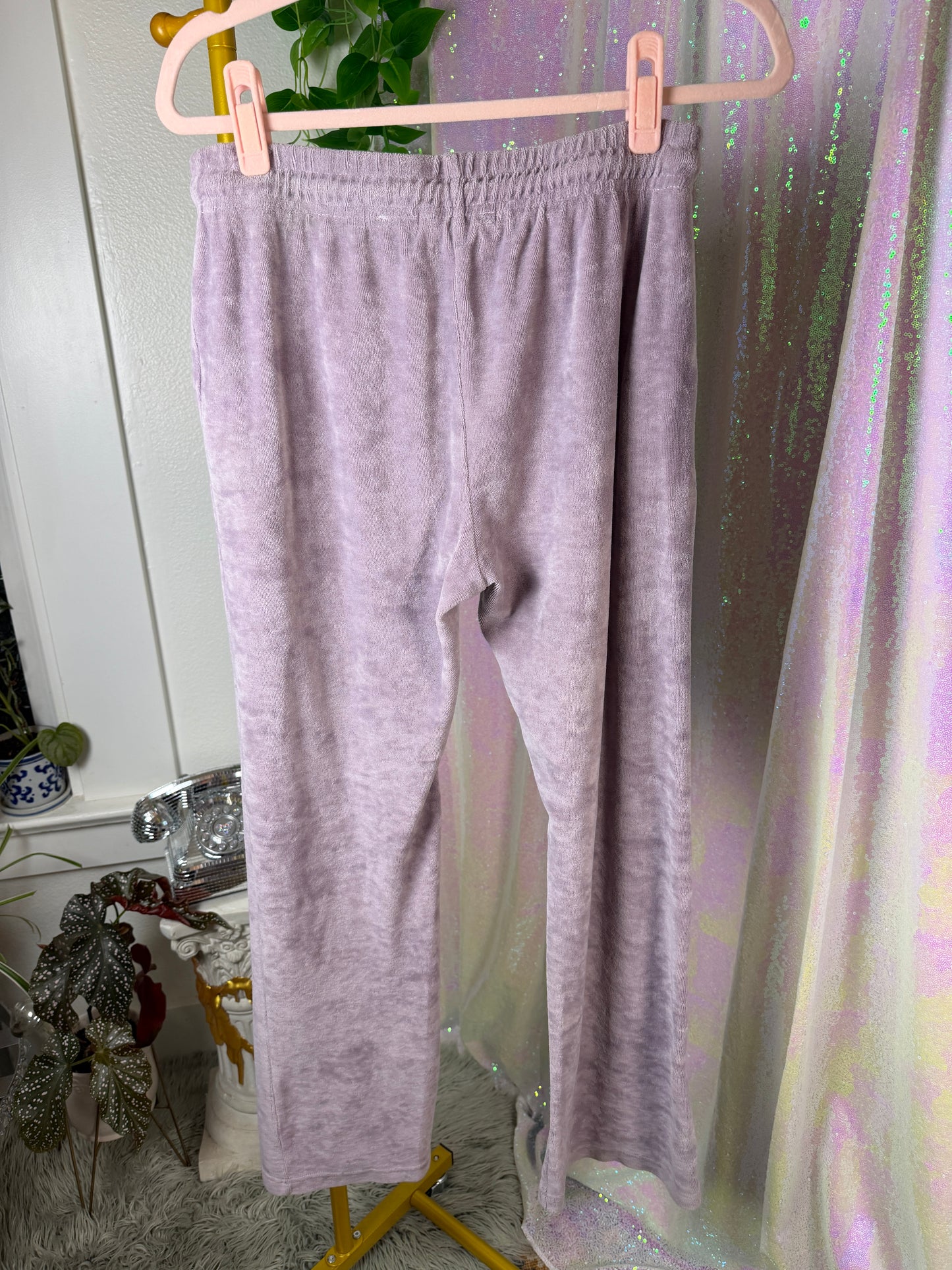 Full-Bag Value Bundle (S) 💜☁️🫧🌸 lavendar haze comfy cozy camper fluffy cloud faux velvet almost terry cloth lilac fleece PJ lounge set, pink ribbed tank top, rainbow striped tank crop top (factory tagged: S & S/M)