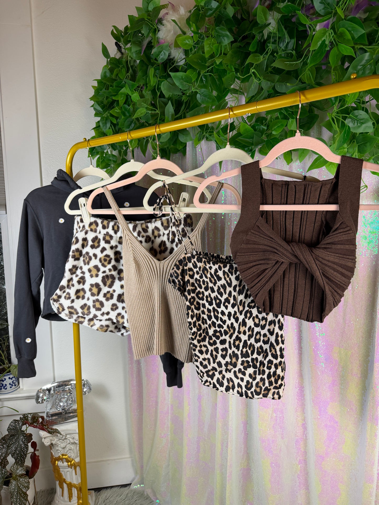 Full-Bag Value Bundle (S) 🐆🌼🤎🍯 dainty daisy black comfy cozy sweatshirt kitty cat cheetah leopard raver girl brown and tan crop tops and animal print shorts (factory tagged: XS & S)