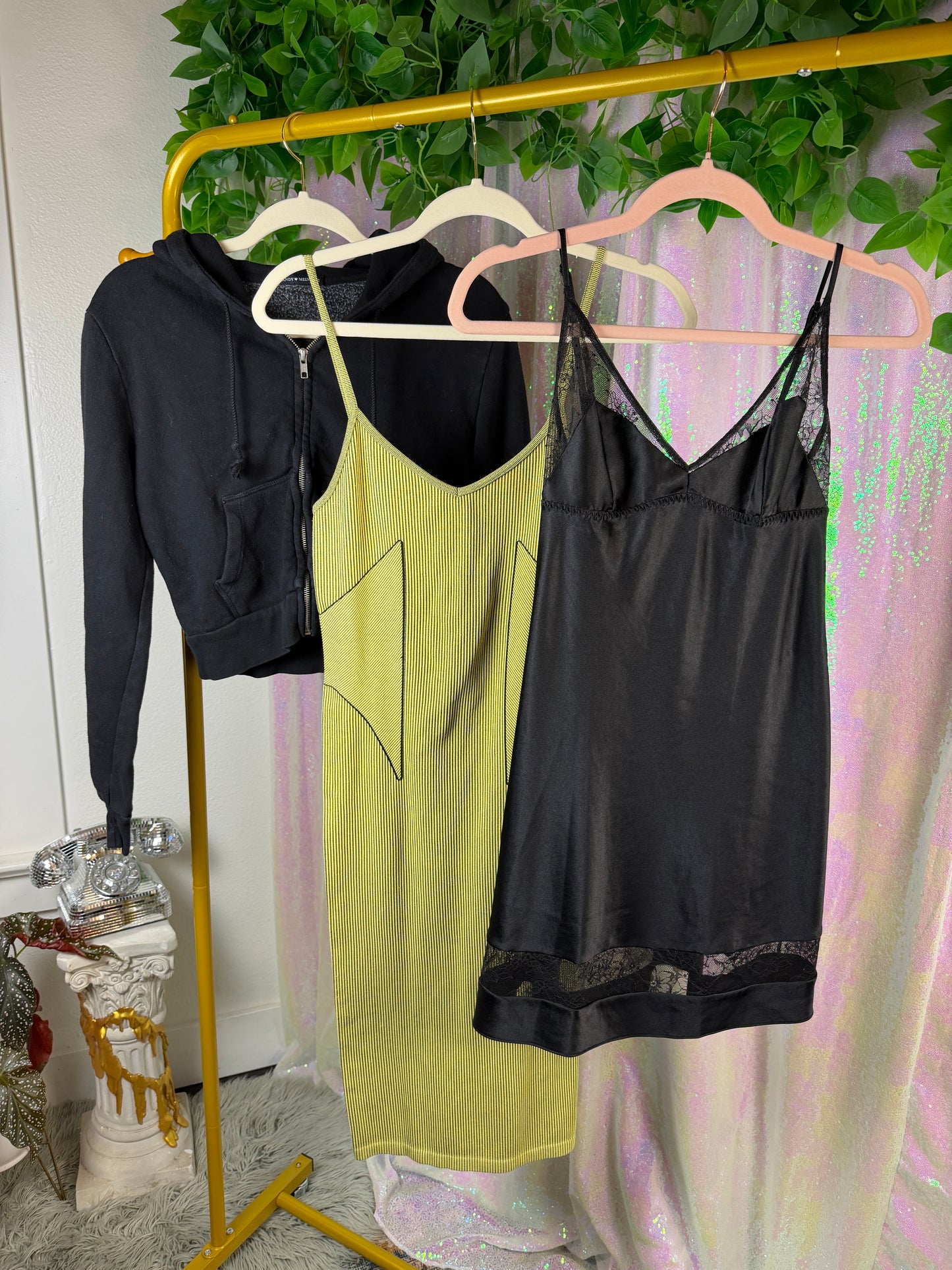 Half-Bag Value Bundle (S) 🌙🖤🍸🌿 soft-edge midnight shego to happy hour black silky slip, green lime body con midi dress, black zip up hoodie (factory tagged: XS & S)