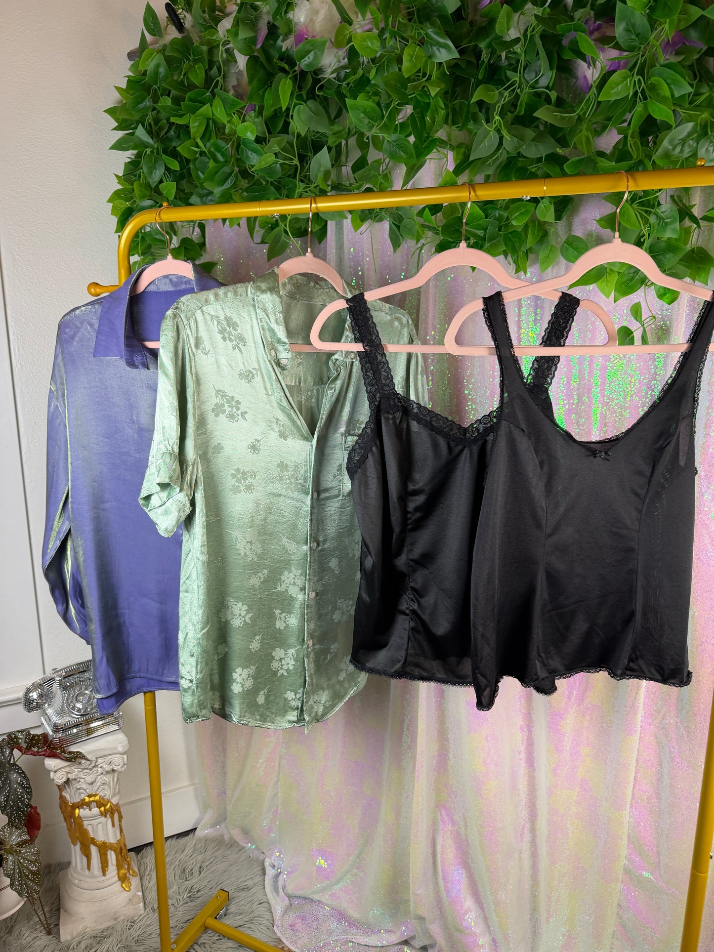 Half-Bag Value Bundle (M) 🪞🖤💠🧊 silky shimmer icy purple and mint floral metallic satiny button downs and tank tops (factory tagged: tagless)