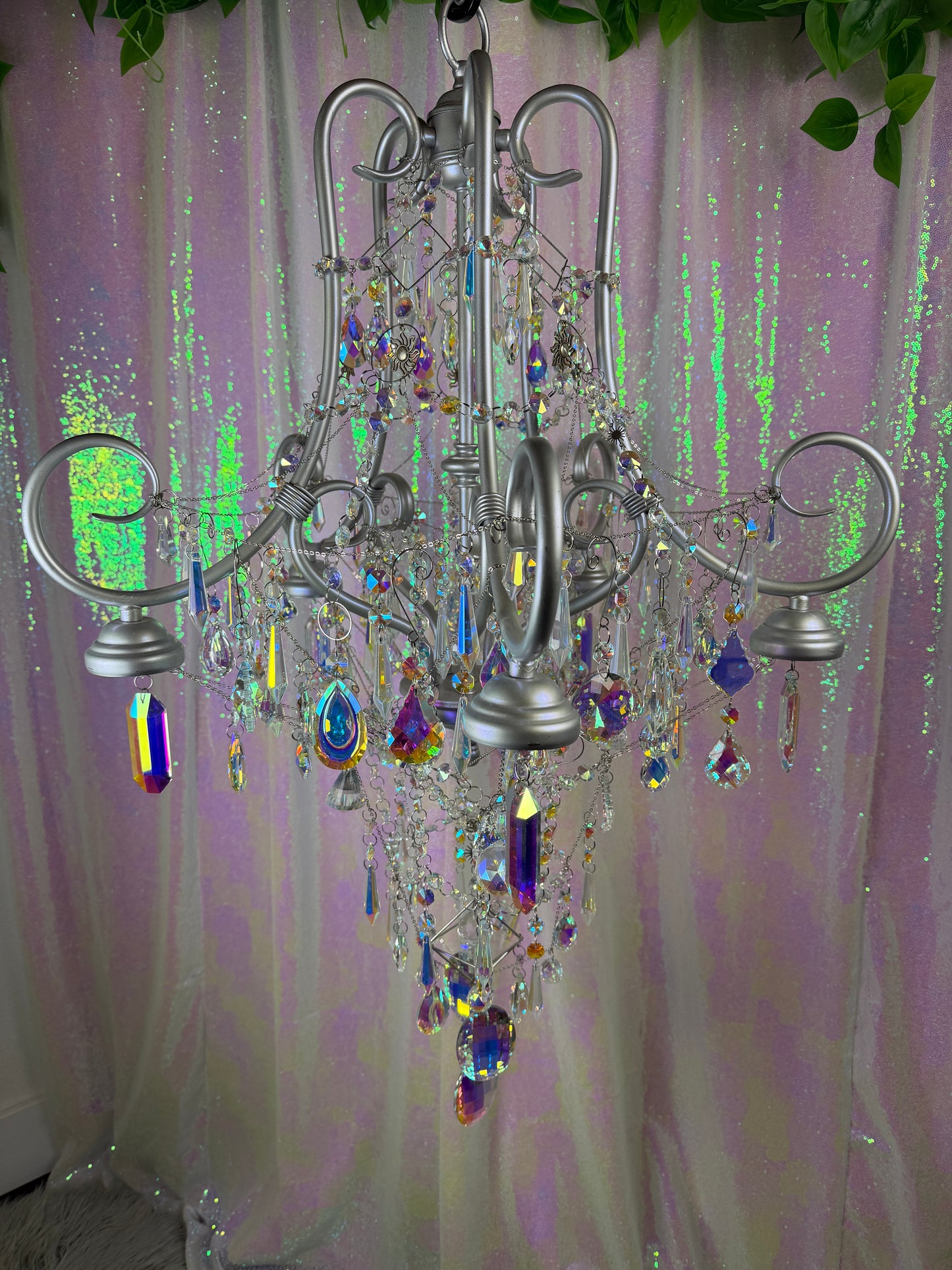 Holographic Sun-Catcher Chandelier (~HANDMADE~) 💎🪩🔮✨ reworked and repurposed handmade rainbow crystal sun catcher home and garden decor ~ LOCAL PICK UP ONLY ~