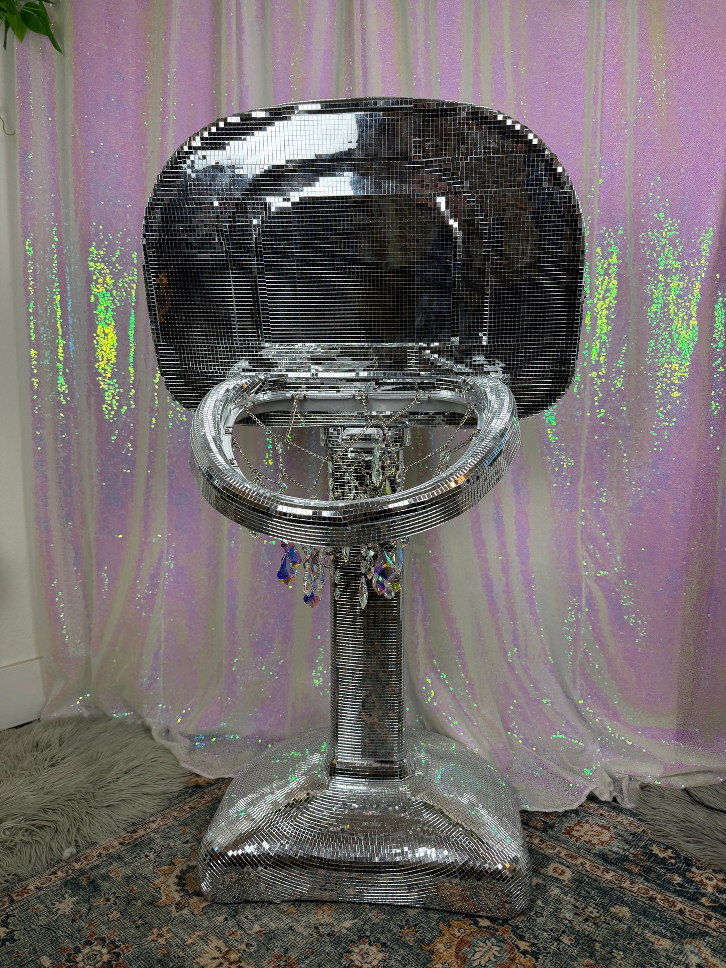 Ultimate Disco Dunker (~HANDMADE~) 🏀🪩🔮💎 reworked and repurposed kids basketball hoop featuring holographic sun catcher net ~ LOCAL PICK UP ONLY ~