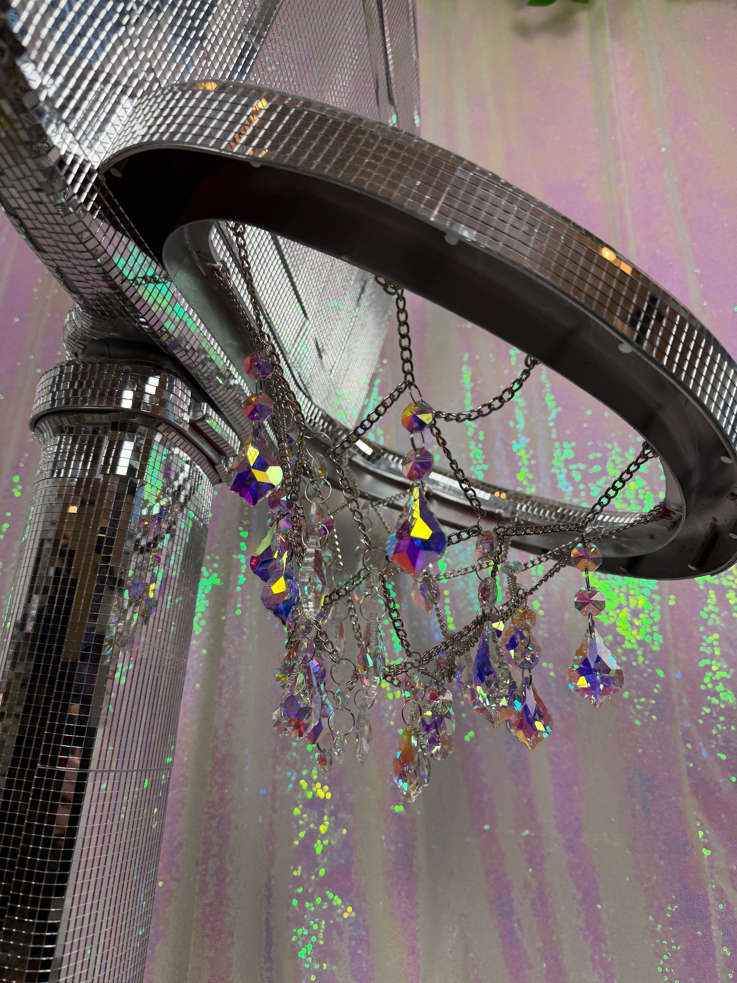 Ultimate Disco Dunker (~HANDMADE~) 🏀🪩🔮💎 reworked and repurposed kids basketball hoop featuring holographic sun catcher net ~ LOCAL PICK UP ONLY ~