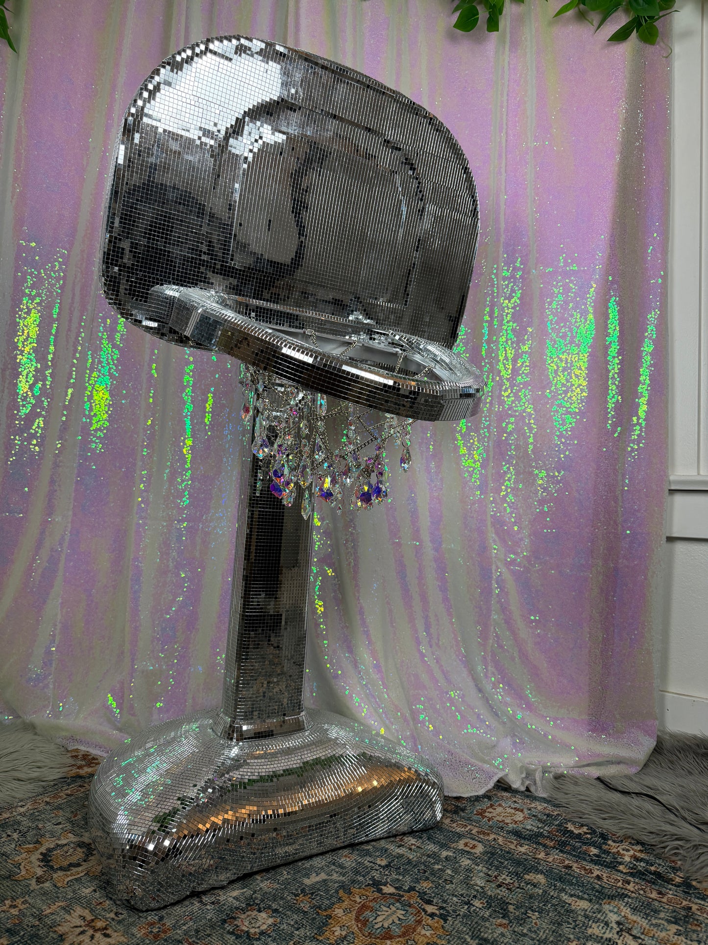 Ultimate Disco Dunker (~HANDMADE~) 🏀🪩🔮💎 reworked and repurposed kids basketball hoop featuring holographic sun catcher net ~ LOCAL PICK UP ONLY ~