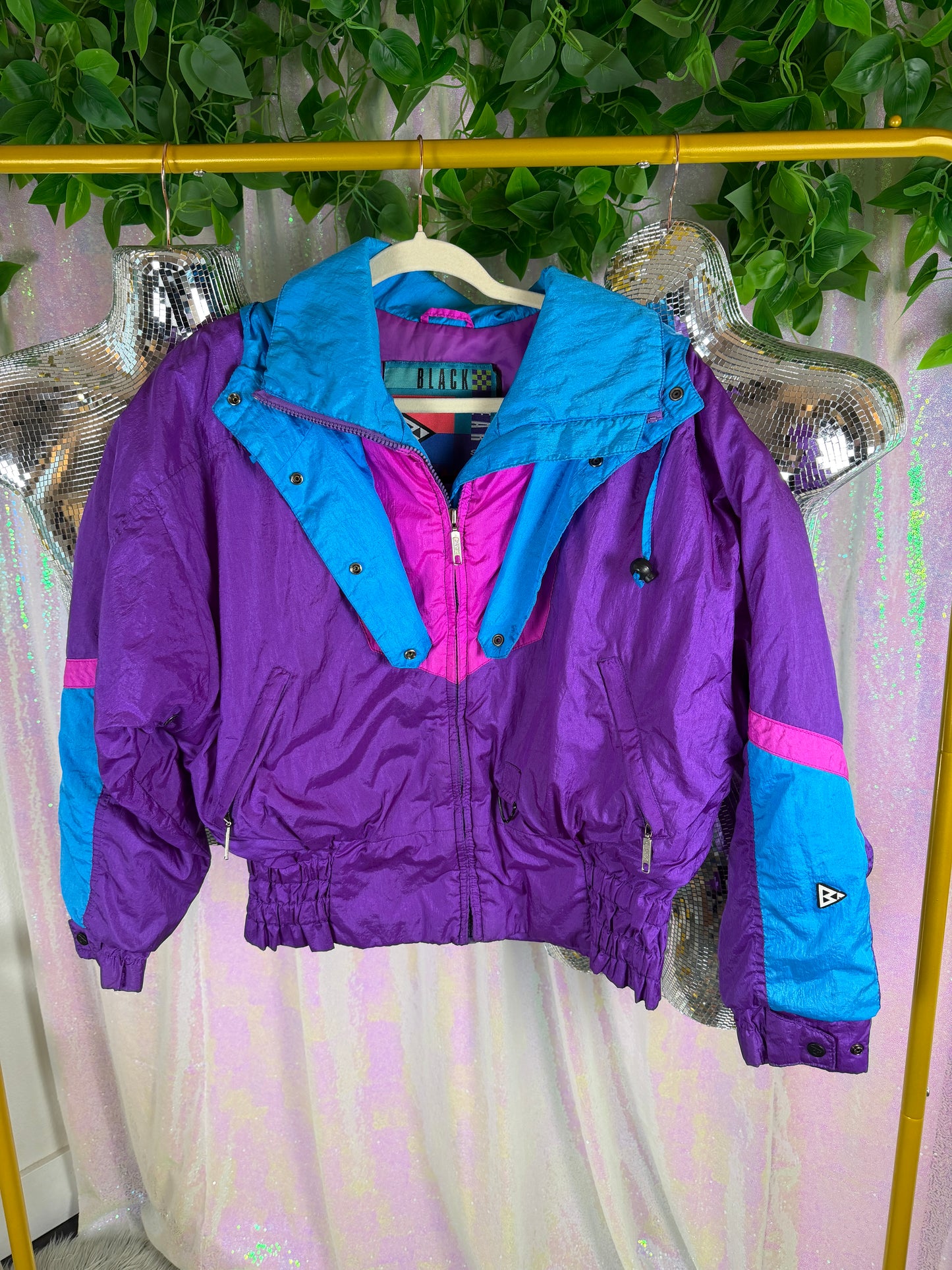 Black Bear Ski (S) 💜💙💗🎿 neon tri-tone apres ski bomber, purple, teal, hot pink,  (factory tagged: S)