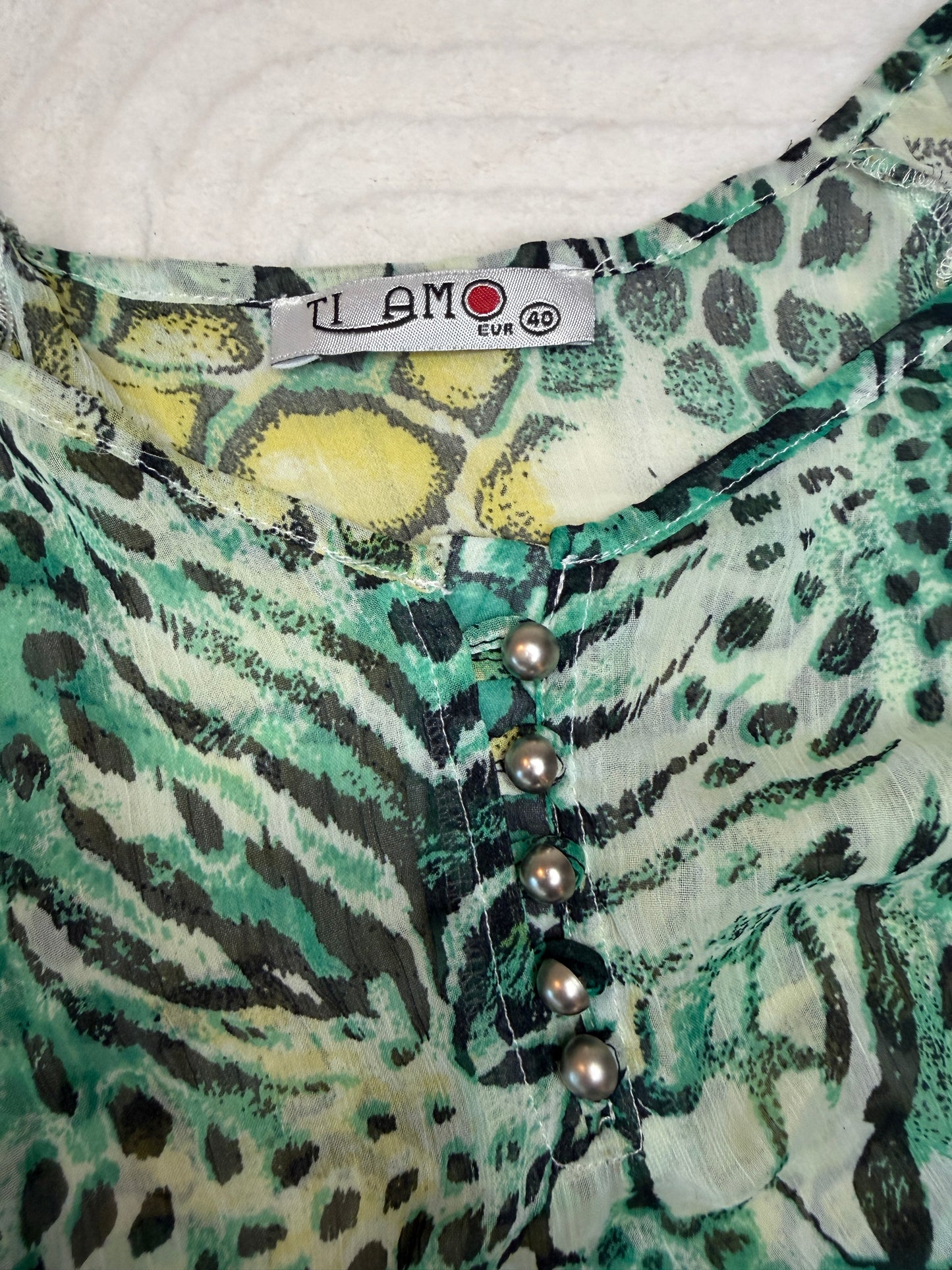 TI AMO (L) 🐍🌿🦋💚 green mixed animal print sheer, jungle siren, early-2000s boho glam (factory tagged: EUR 40)