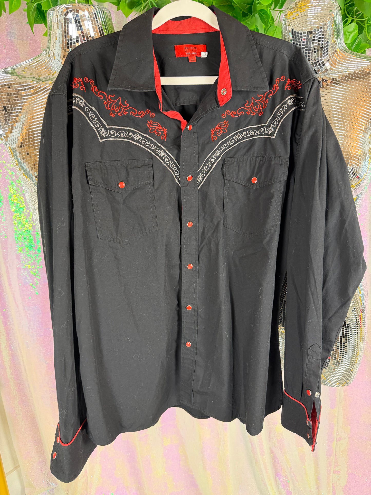 Patroncito Red Label (XL+) 🖤🌹🌑🩸 black western goth, red flame embroidery, alt rodeo energy (factory tagged: XL)