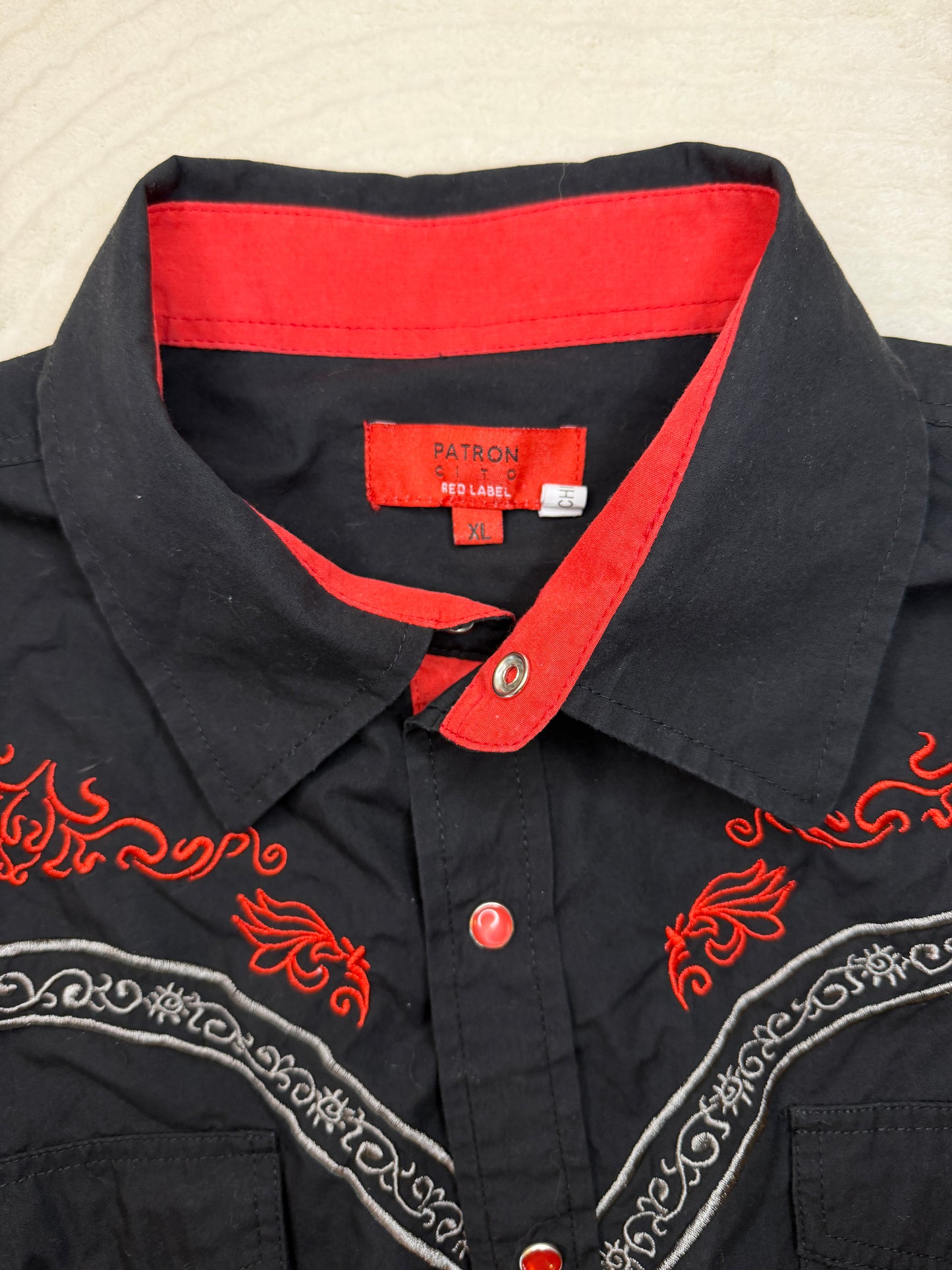 Patroncito Red Label (XL+) 🖤🌹🌑🩸 black western goth, red flame embroidery, alt rodeo energy (factory tagged: XL)
