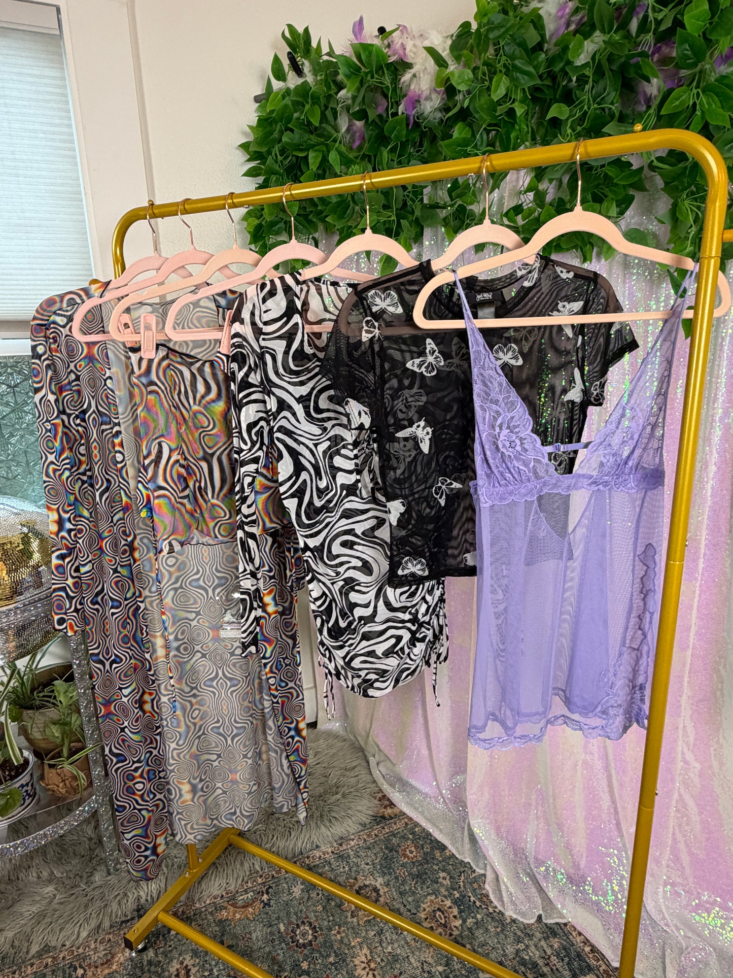 Half-Bag Bundle (M) ✨🌀🖤💜🌈 psychedelic swirls see-thru siren trippy rainbow swirls, black &amp; white zebra, lavender sheer (factory tagged: M)