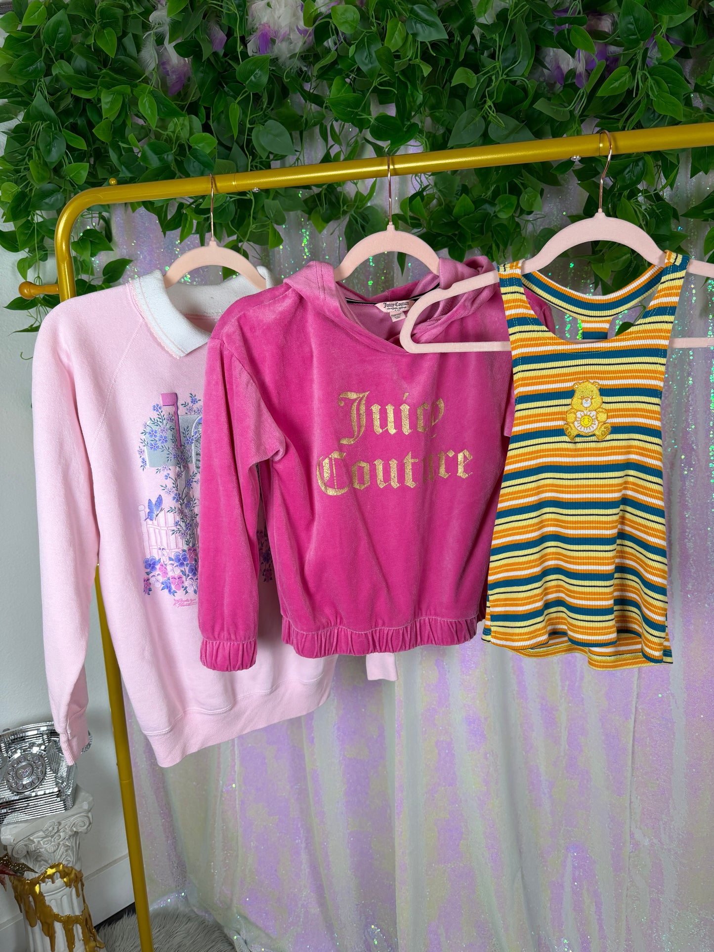 Full-Bag Bundle (S) 🍓🌼🍯🎀 — juicy velour princess, coquette kitten garden club, care bear sunshine striper (factory tagged: S, M, M (8–10 kids))