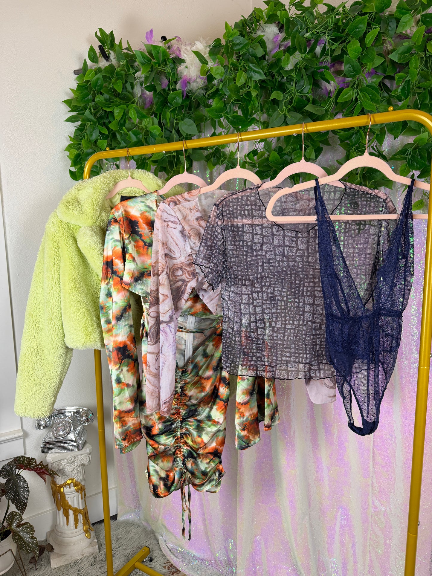 Full-Bag Bundle (M) 🐍🌿🍸🕷️ — jungle rave mesh, silky marble goddess, lime brat faux fur moment, sheer midnight lace (factory tagged: M, UK 8)
