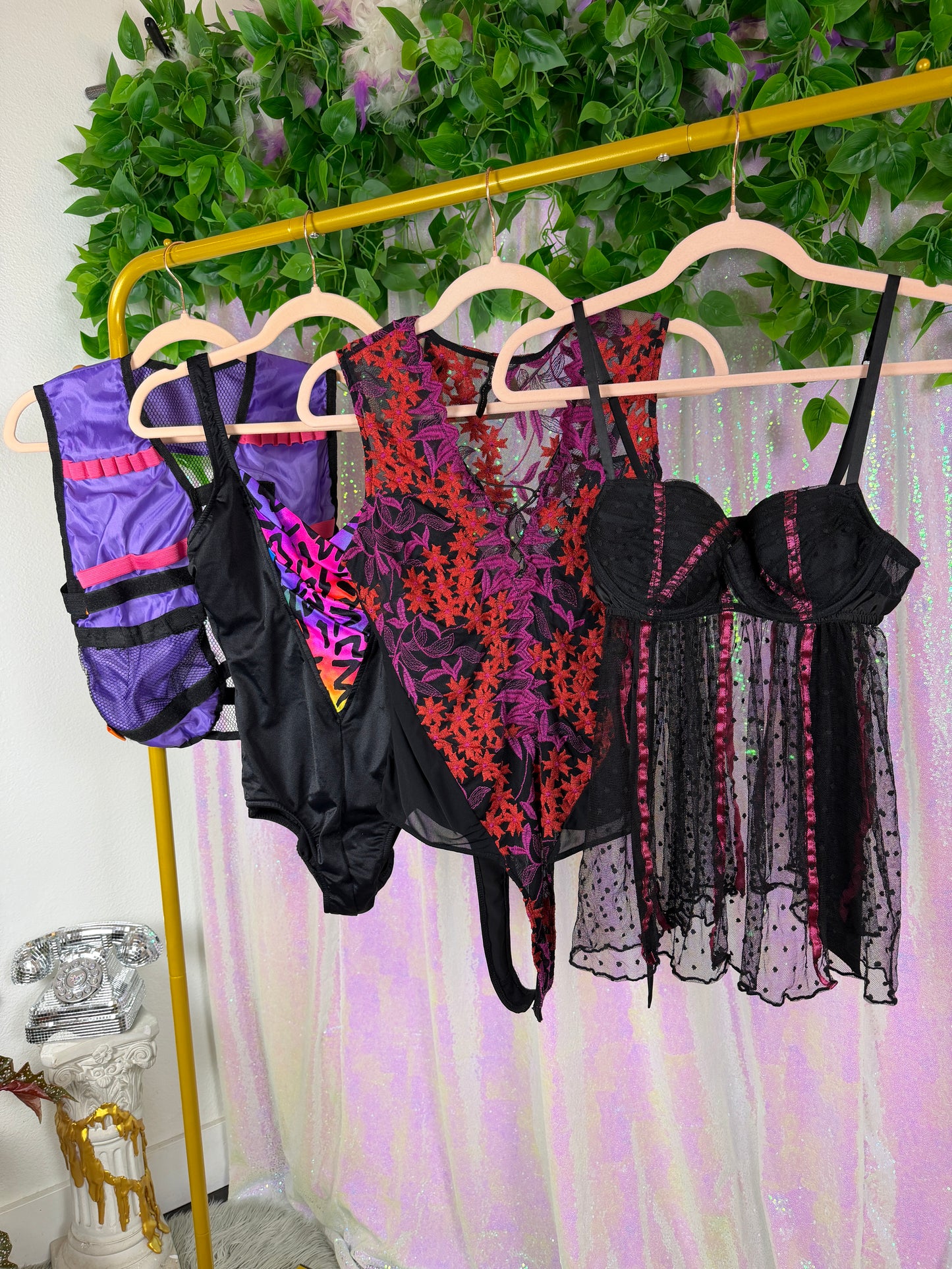 Half-Bag Bundle (S) 🖤🔥💋💜 — rave siren cyber fairy spotted at the victoria’s secret afterparty, 90s club kid layering lingerie (factory tagged: S, S/M, 34C, OS)