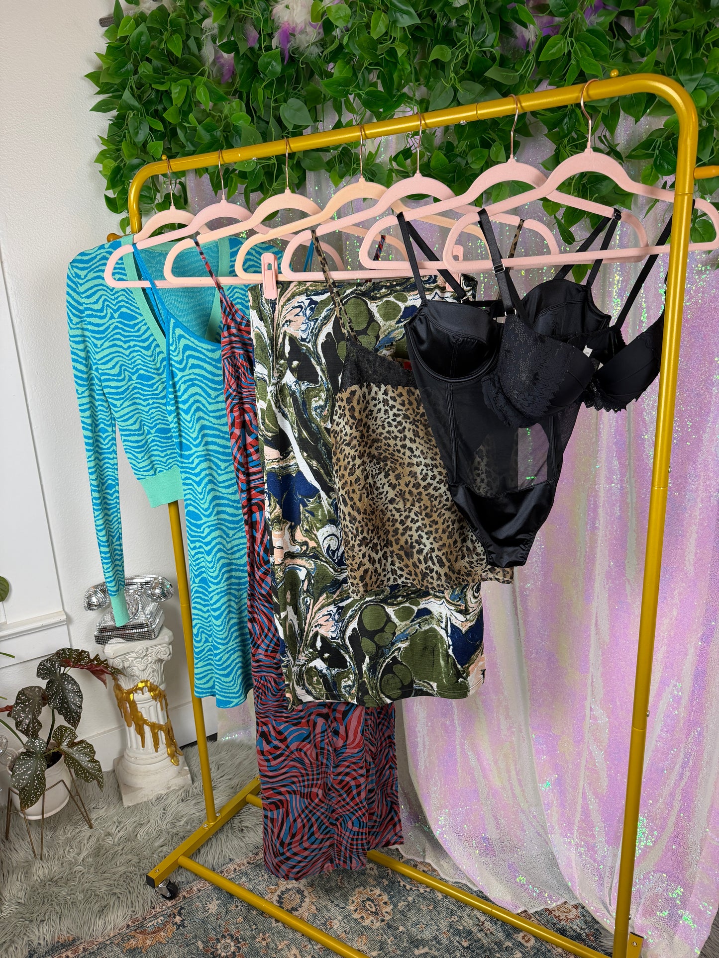 3/4-Bag Bundle (M) — 🌀🧿💋🐆 swirl mesh jungle raver, office to club, sheer layering (factory tagged: S, M)