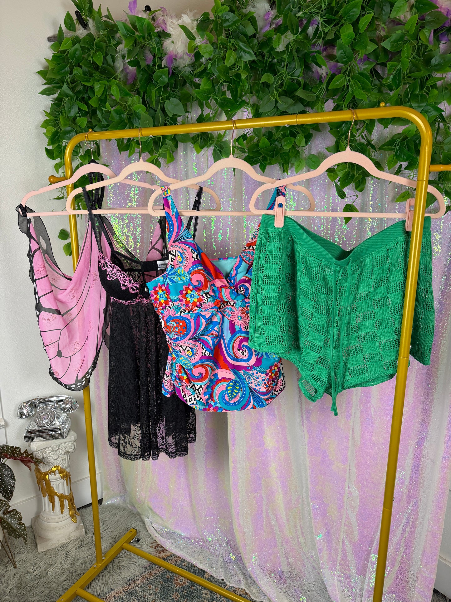 Half-Bag Bundle (XL+) — 🦋🌸🖤💚 fairy y2k butterfly raver, lace layering lingerie, neon green checkered crochet shorts (factory tagged: M, XL+)