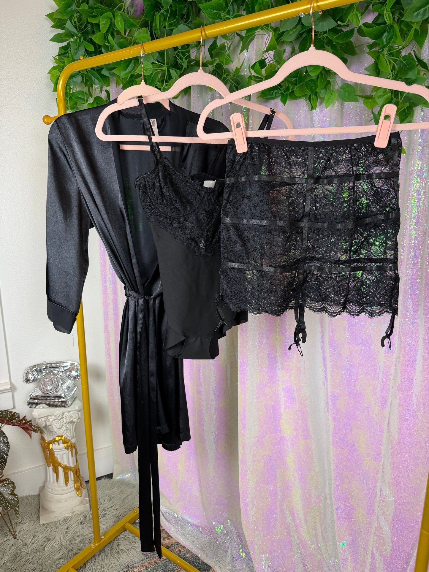 Quarter-Bag Bundle (S) — 🖤🪩🥀🎱 soft noir satin lounge lingerie lace layering, after-dark sexy cyberfembot  (factory tagged: S, M)