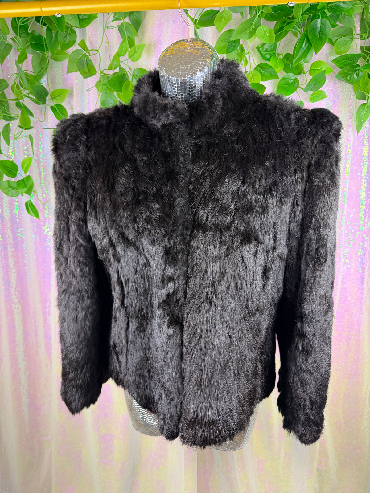 Jay Jacobs (S) 🗝️🖤🥀🦇 black plush ultra soft real rabbit fur vintage glam iconic shoulder padded statement jacket coat (factory tagged: N/A)