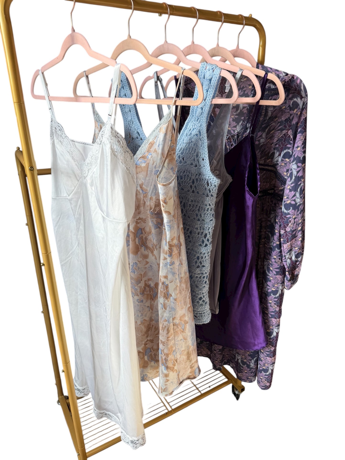 Full-Bag Value Bundle (L) 🌙💐🌸💜☁️ lavender Witchy Dreamer silky slips and crochet tank top and midsummer frock dress, purple, cream, blue